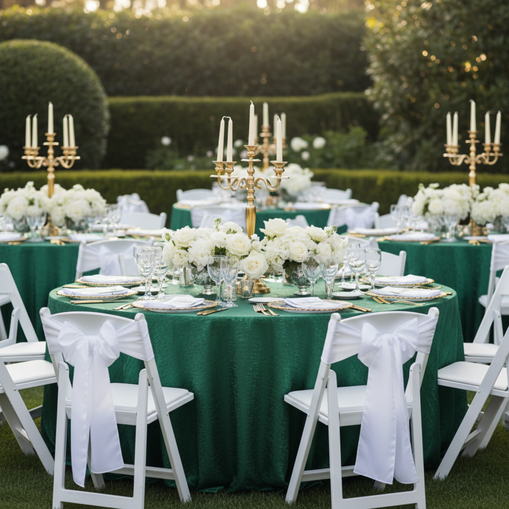 Outdoor Wedding Reception – Emerald Green Crinkle Shimmer Tablecloth