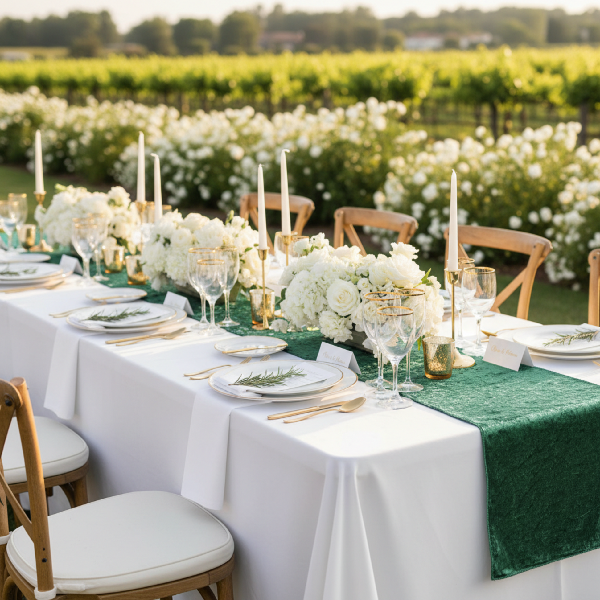 Outdoor Wedding Reception with Emerald Green Velvet Table Runner