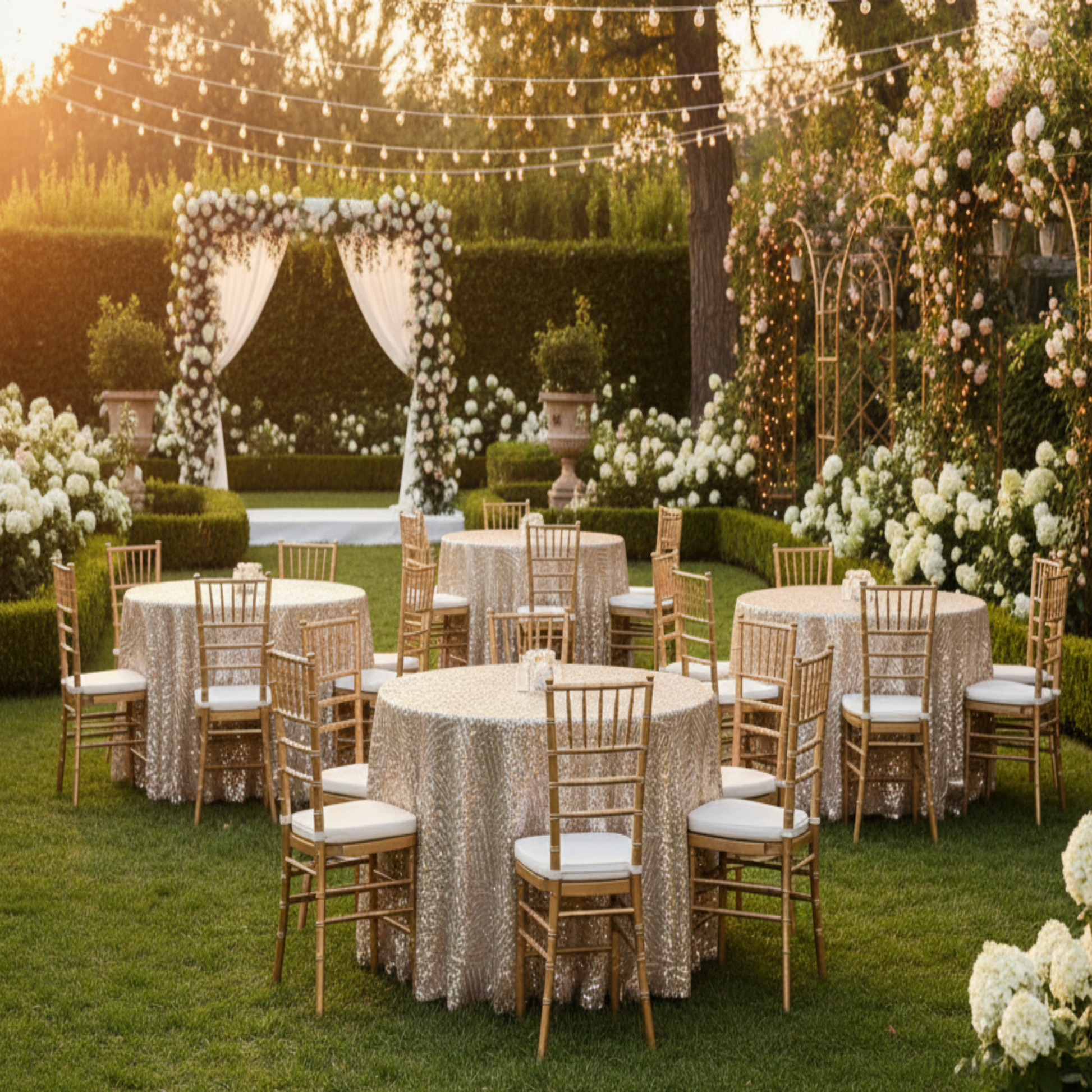 Outdoor Wedding Reception Champagne Geometric Glitz Art Deco Sequin 132" Round Tablecloth