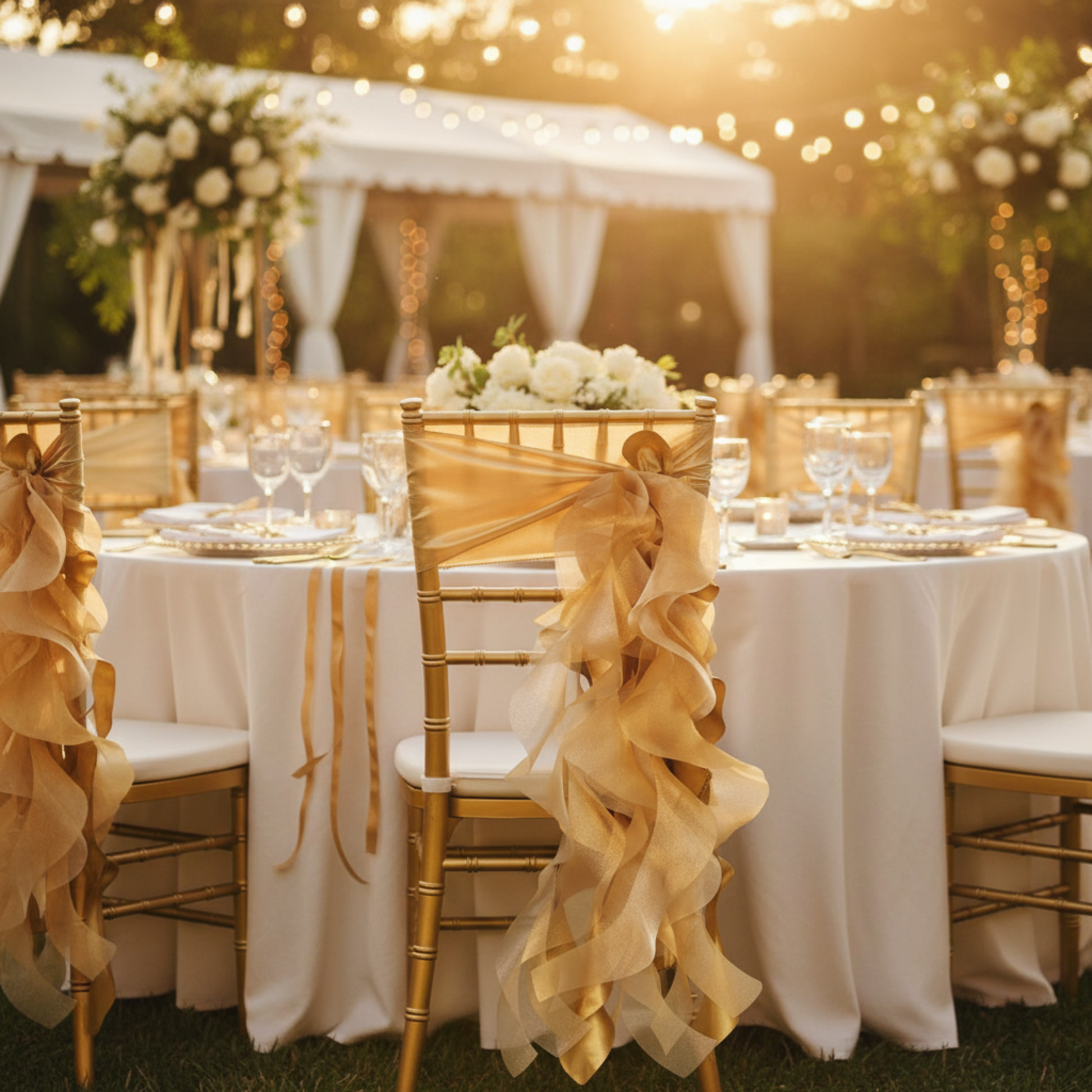 Outdoor wedding reception with gold curly willow chair sash 
