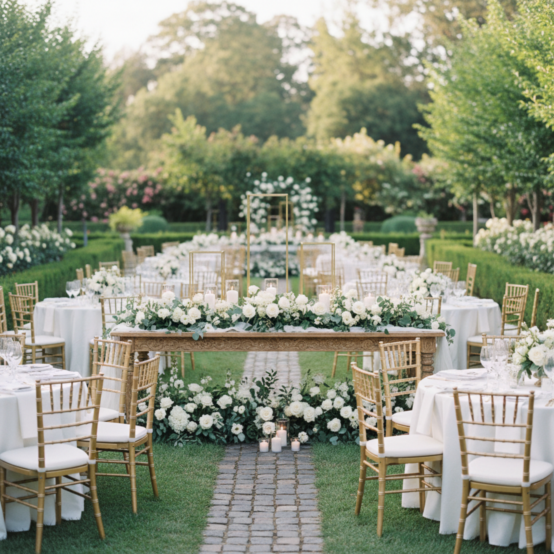 Outdoor Wedding Reception – Gold Metal Frame Centerpieces