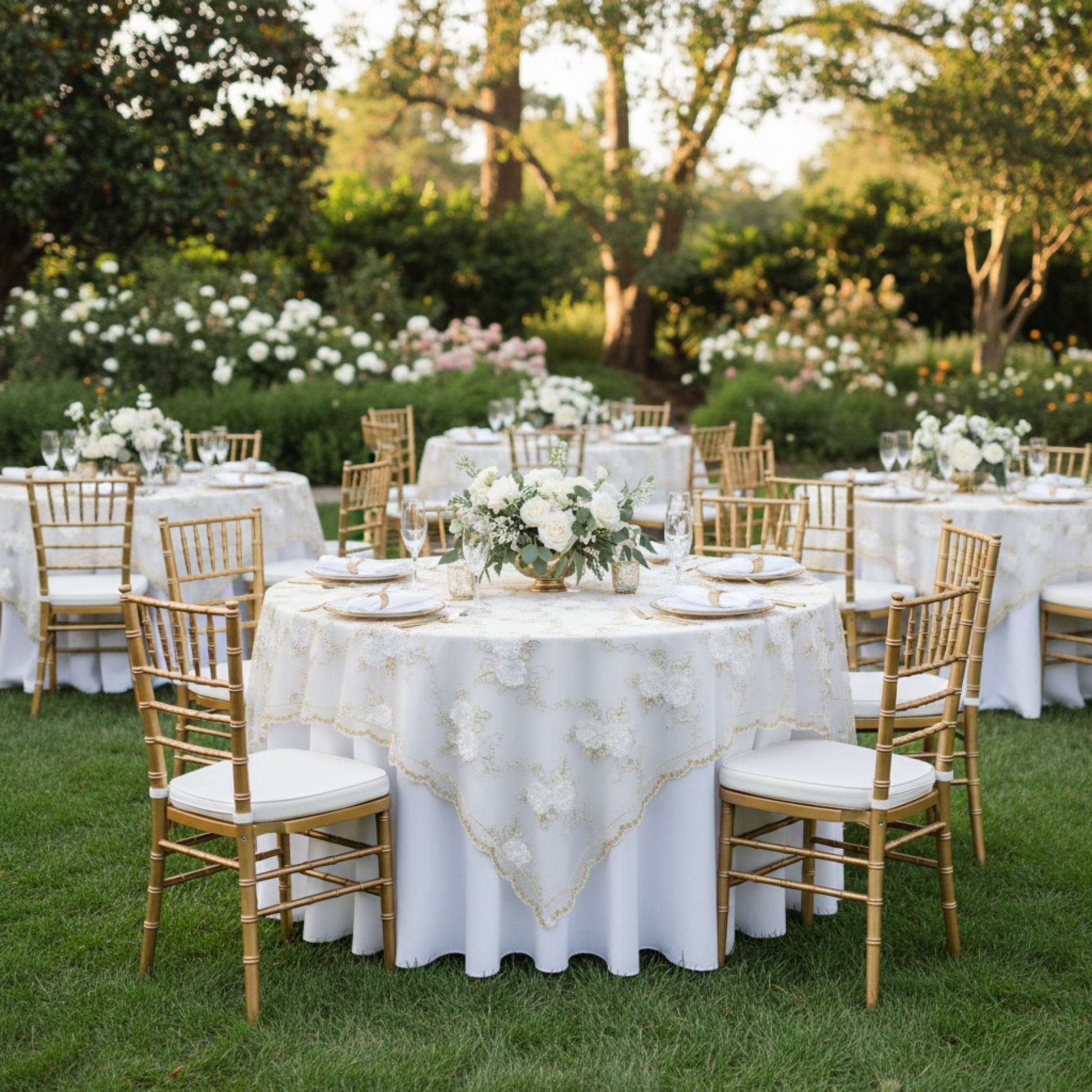 Outdoor Wedding Reception with Ivory 90x90 Vintage Veil Embroidery Square Table Overlay Topper 