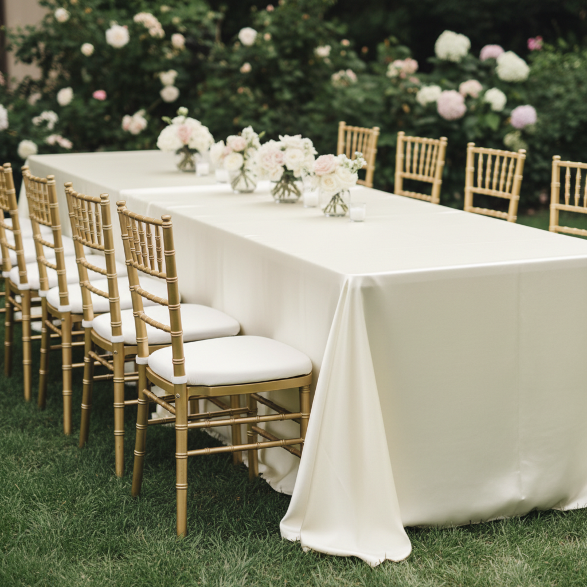 Outdoor Wedding Reception - Ivory Satin 90x132 Rectangular Tablecloth 
