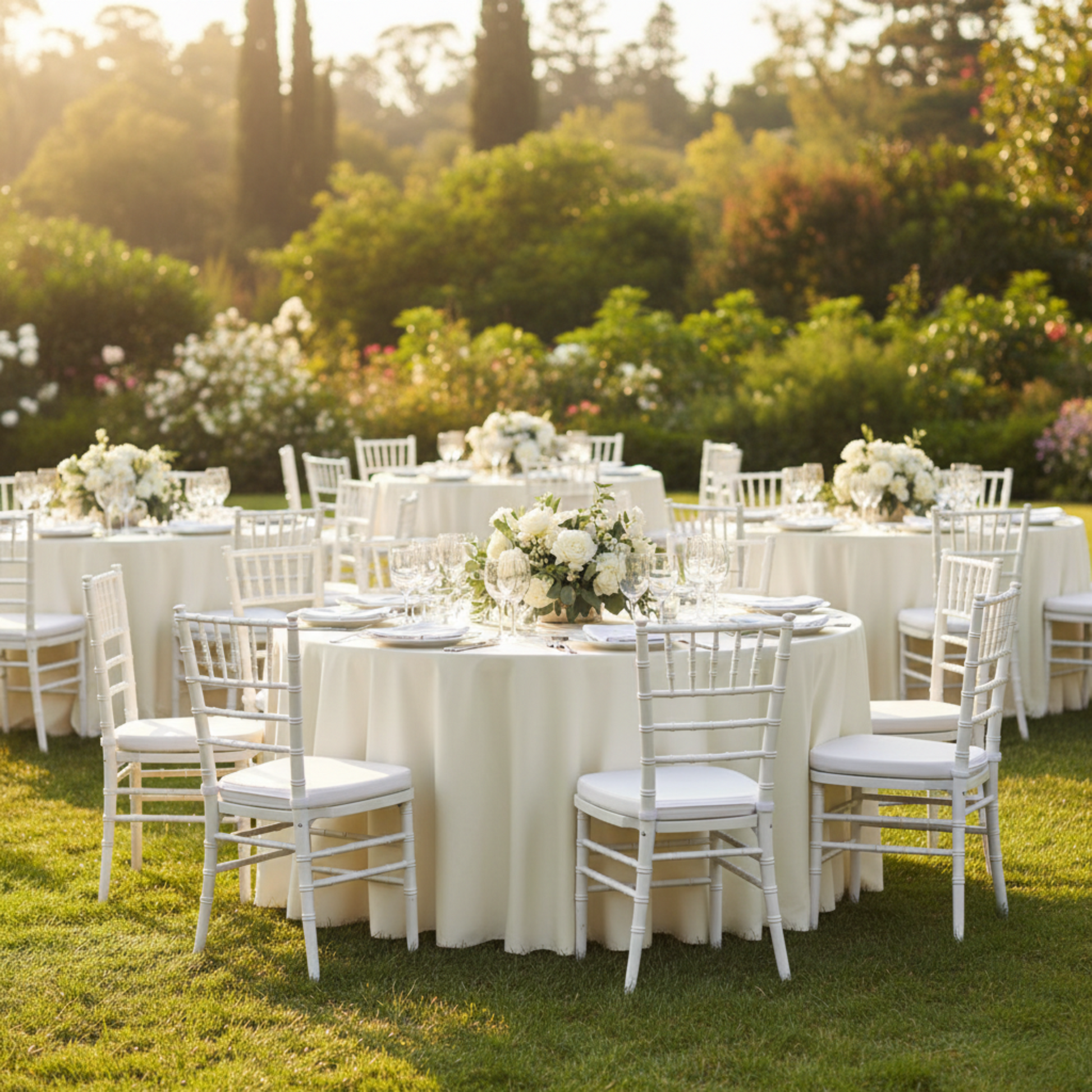 Outdoor Wedding Reception- Light Ivory/Off White Round Premium Polyester Tablecloth 
