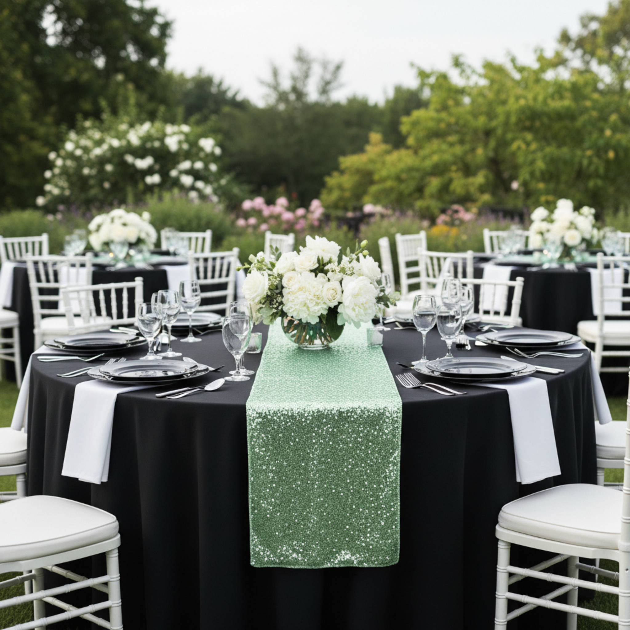 Outdoor Round Table Wedding Reception Black Tablecloth