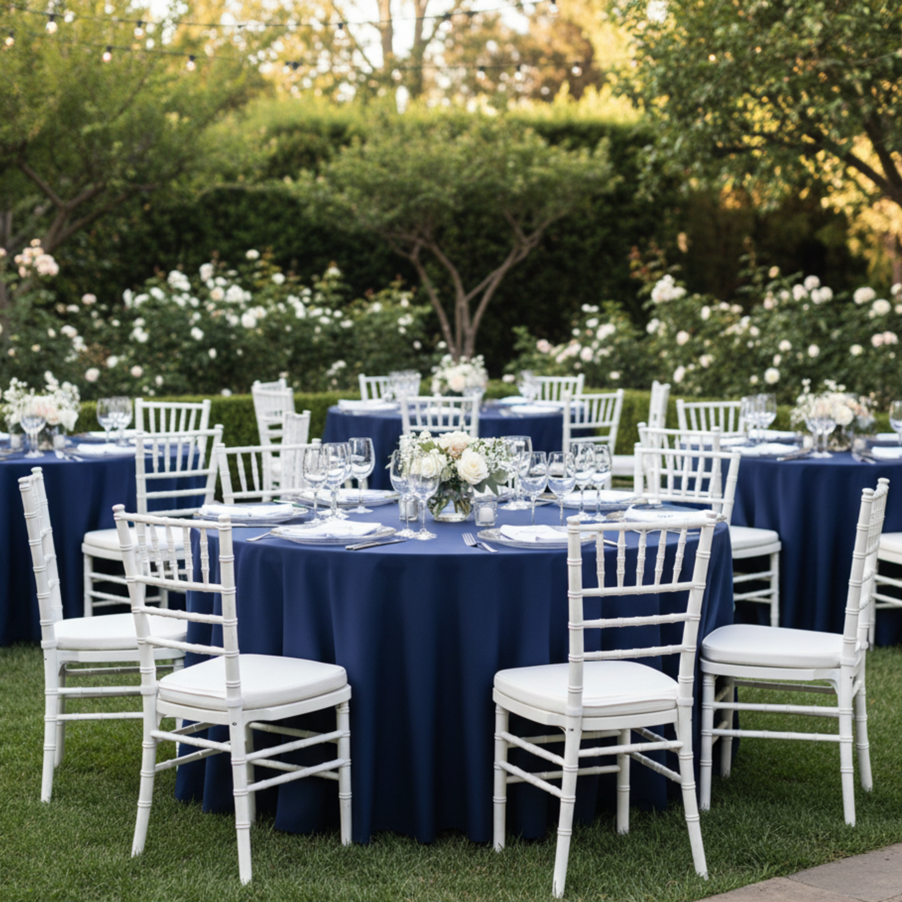 Outdoor Wedding Reception – Navy Blue 120 Round Scuba Tablecloth