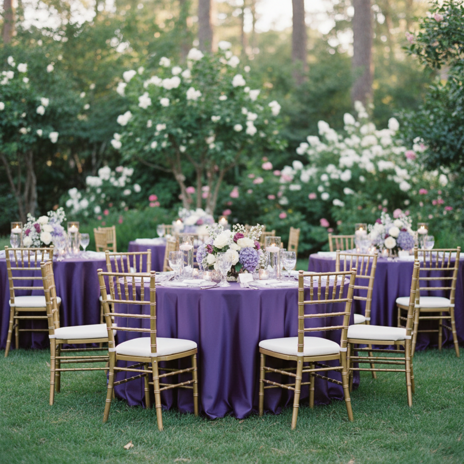 Outdoor Wedding Reception with Purple Satin 132 Round Tablecloth