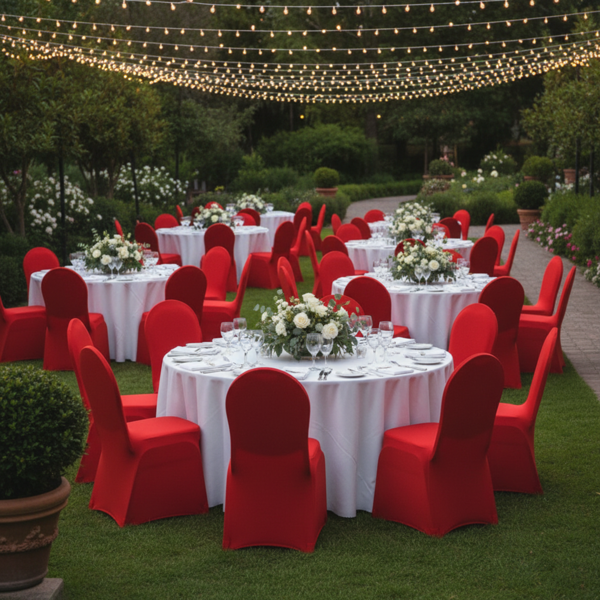 Outdoor Wedding Reception with Red Spandex Banquet Chair Cover