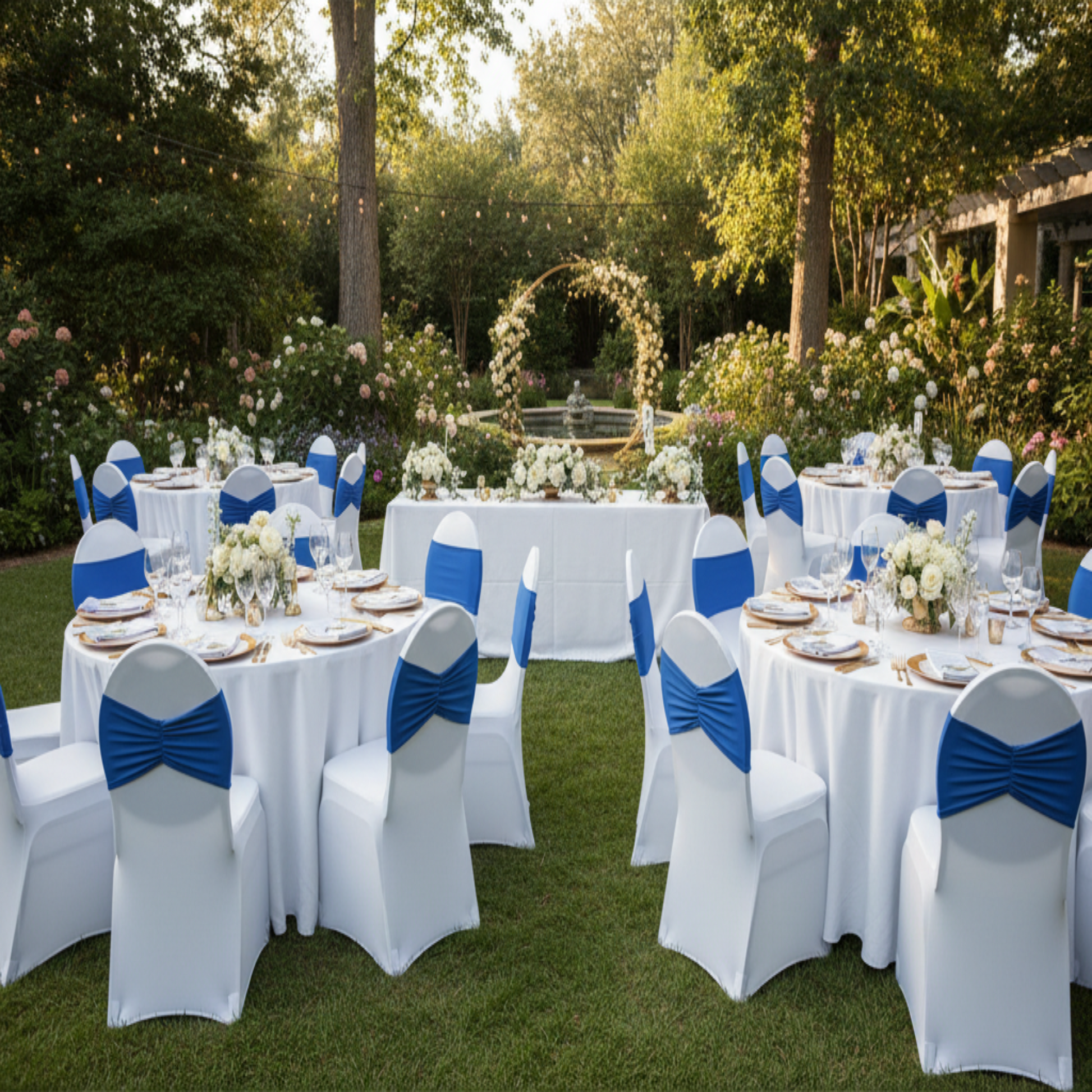 Outdoor Wedding Reception with Royal Blue Ruffled Spandex Chair Band