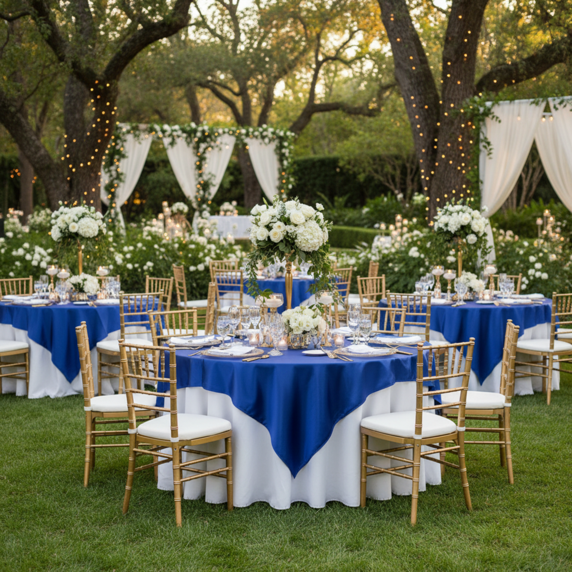 Outdoor Wedding Reception - Satin 72x72 Table Overlay Royal Blue