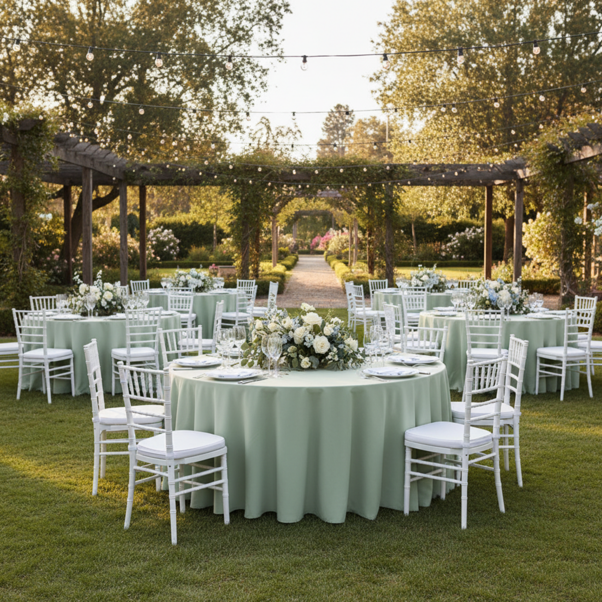 Outdoor Wedding Reception – Sage Green 132 Round Premium Polyester Tablecloth