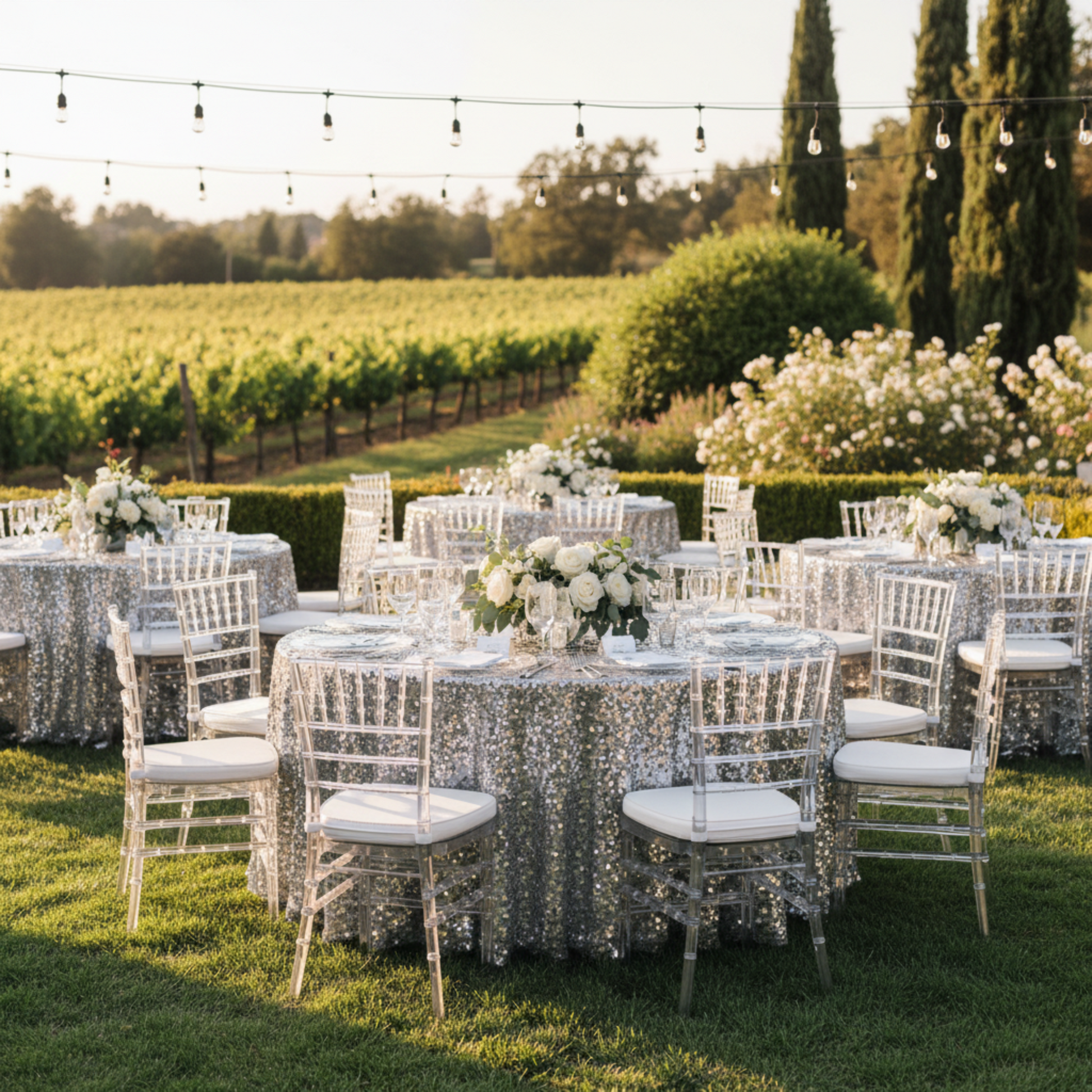Outdoor Wedding Reception Silver Large Payette Sequin 132 Round Tablecloth