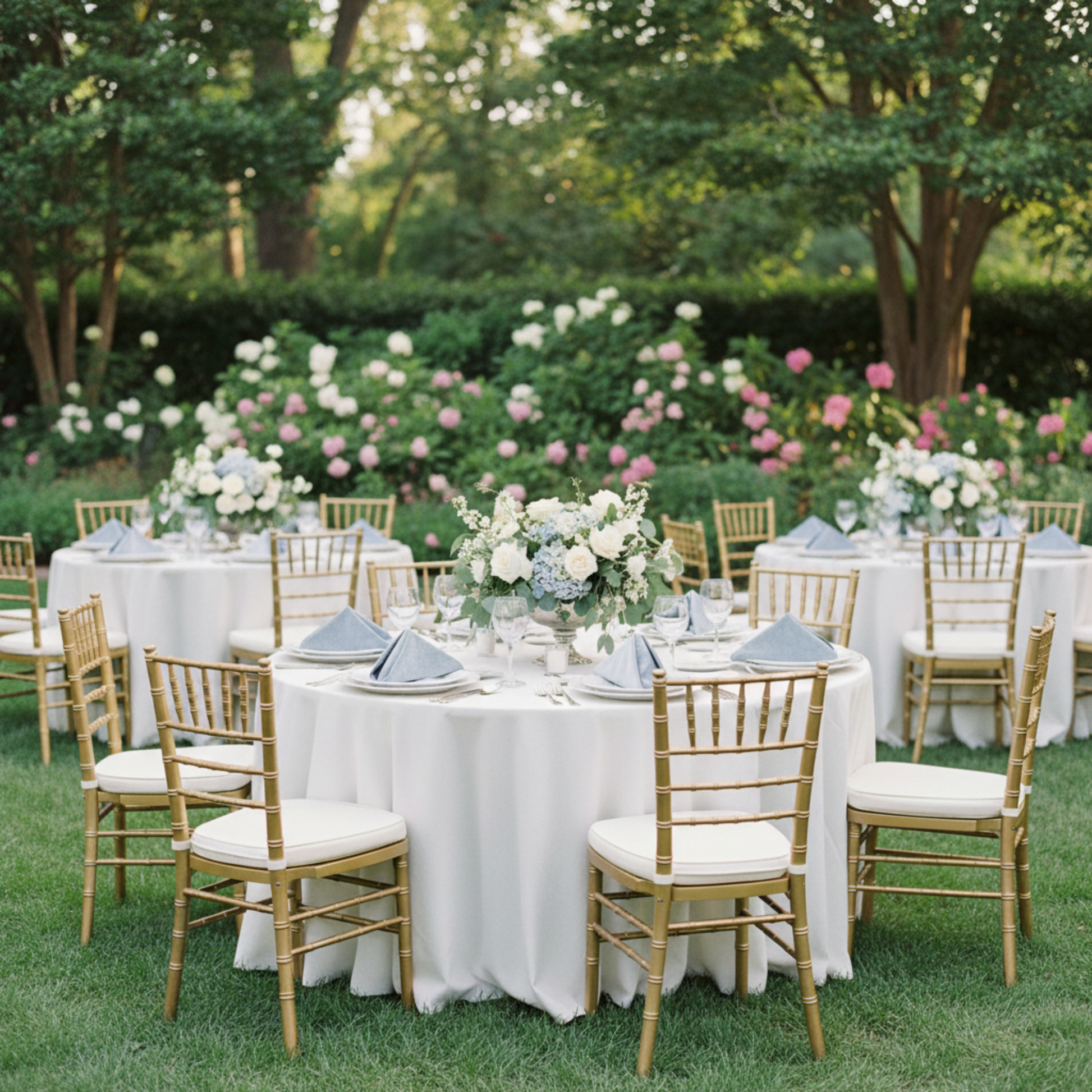 Outdoor Wedding Reception with Dusty Blue Velvet Napkin