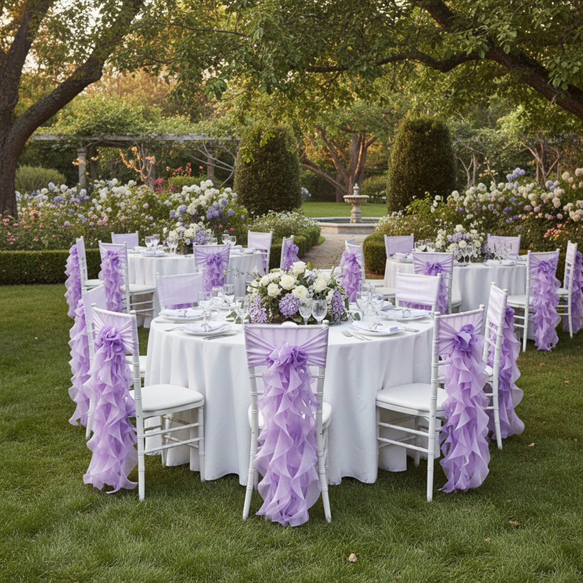 Outdoor Wedding Reception with Victorian Lilac Wisteria Curly Willow Chair Sash