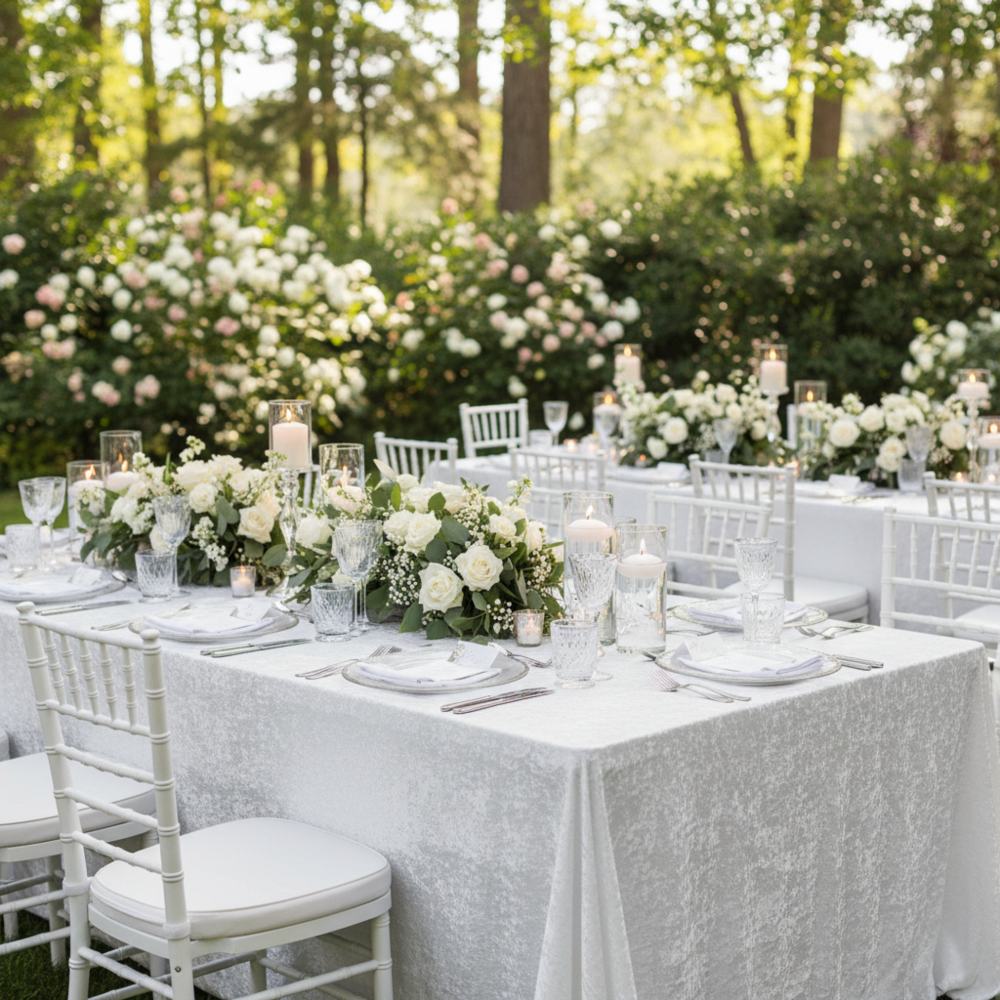 Outdoor Wedding Reception – White 90x156 Crinkle Shimmer Tablecloth