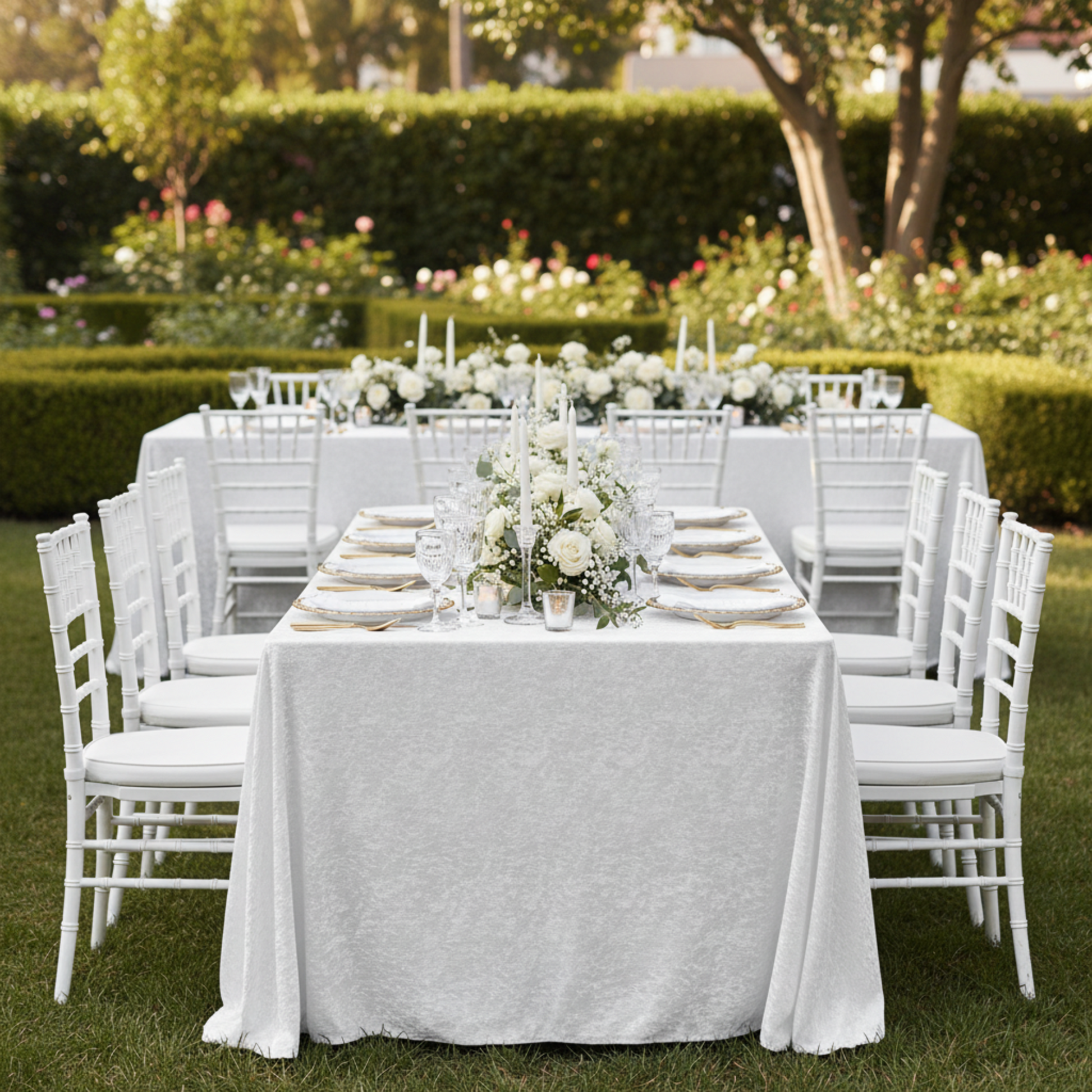 Outdoor Wedding Reception – White Crinkle Shimmer Tablecloth