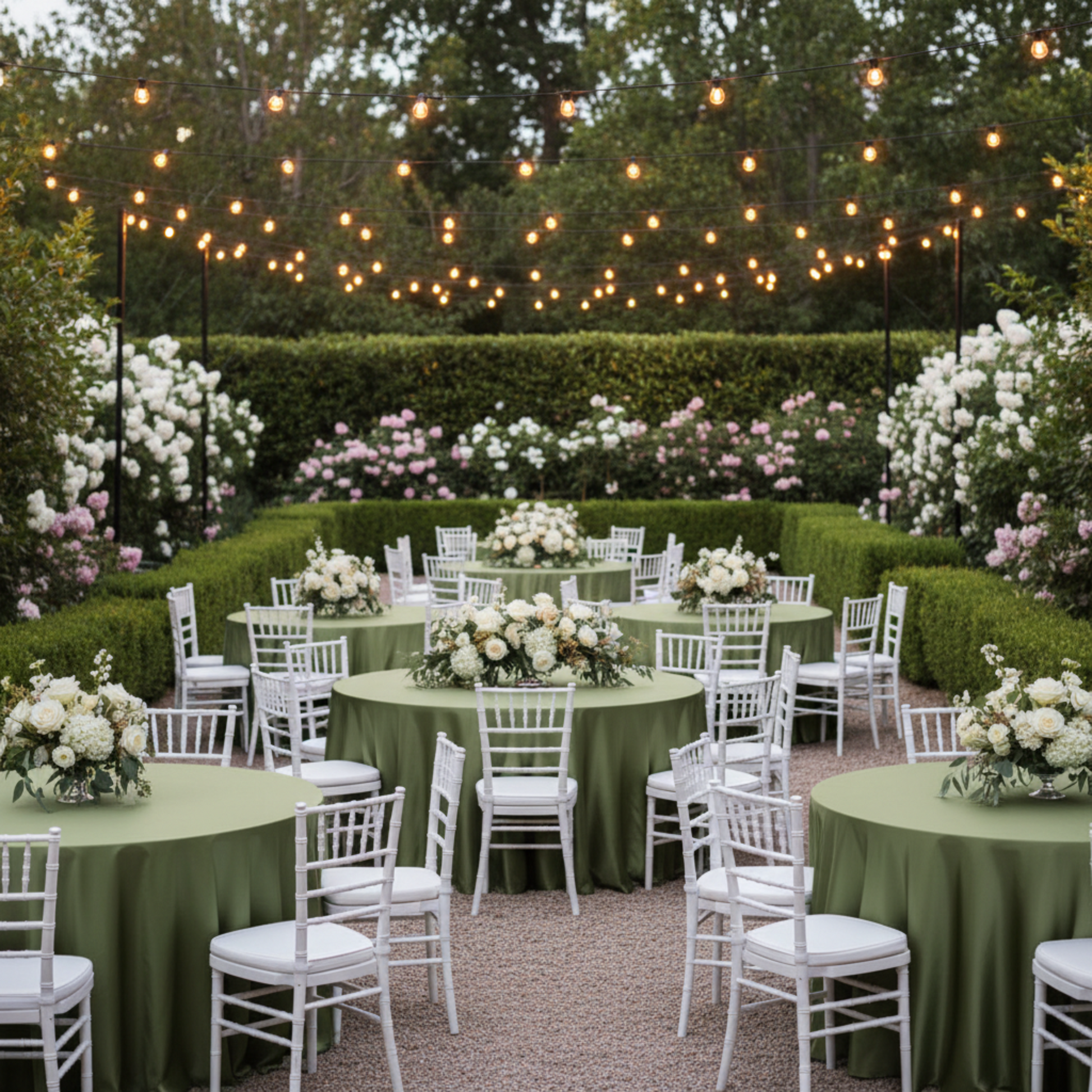 Outdoor Wedding Reception – Willow Green Satin 120 Round Tablecloth