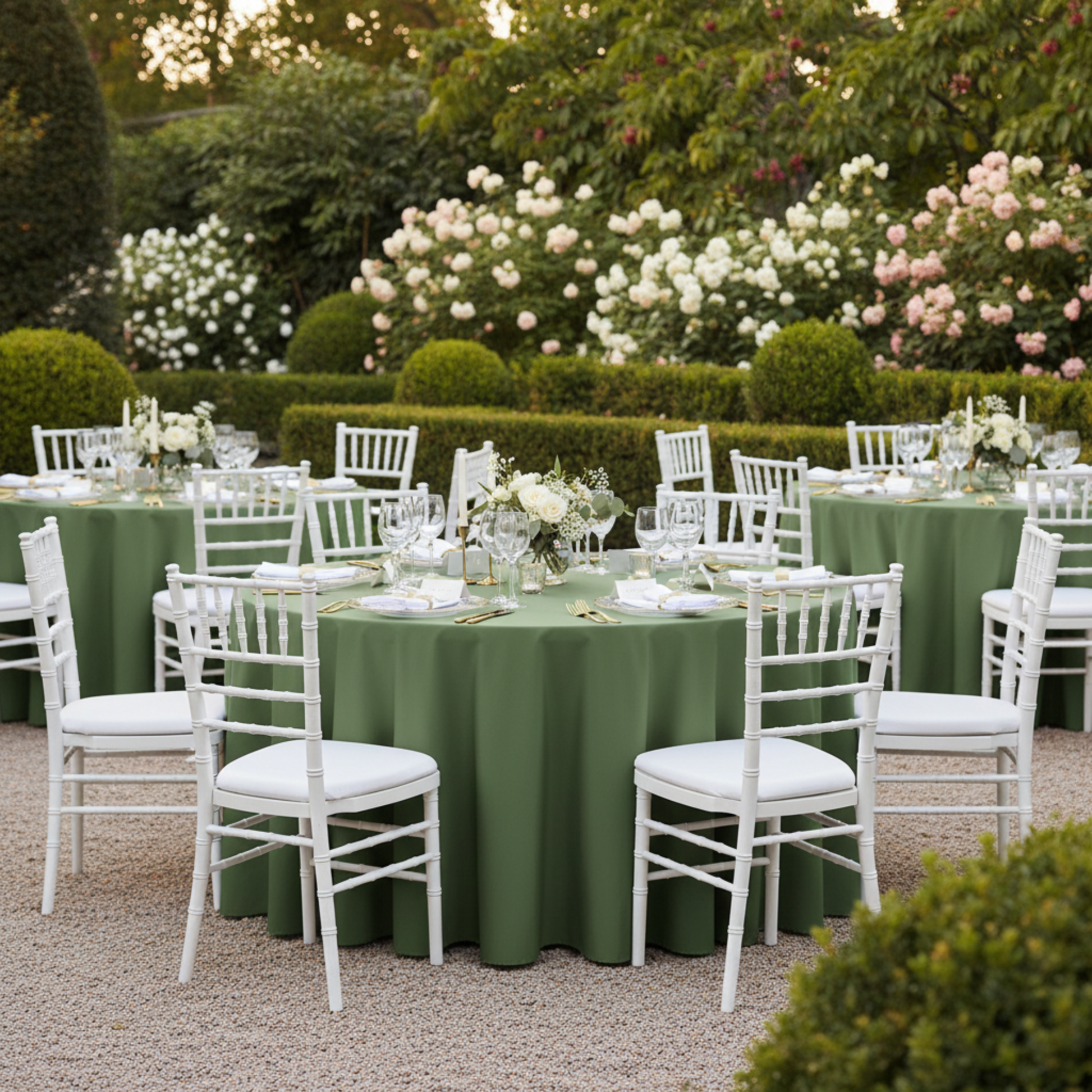 Outdoor Wedding Reception - Willow Green Premium Polyester 132" Round Tablecloth 