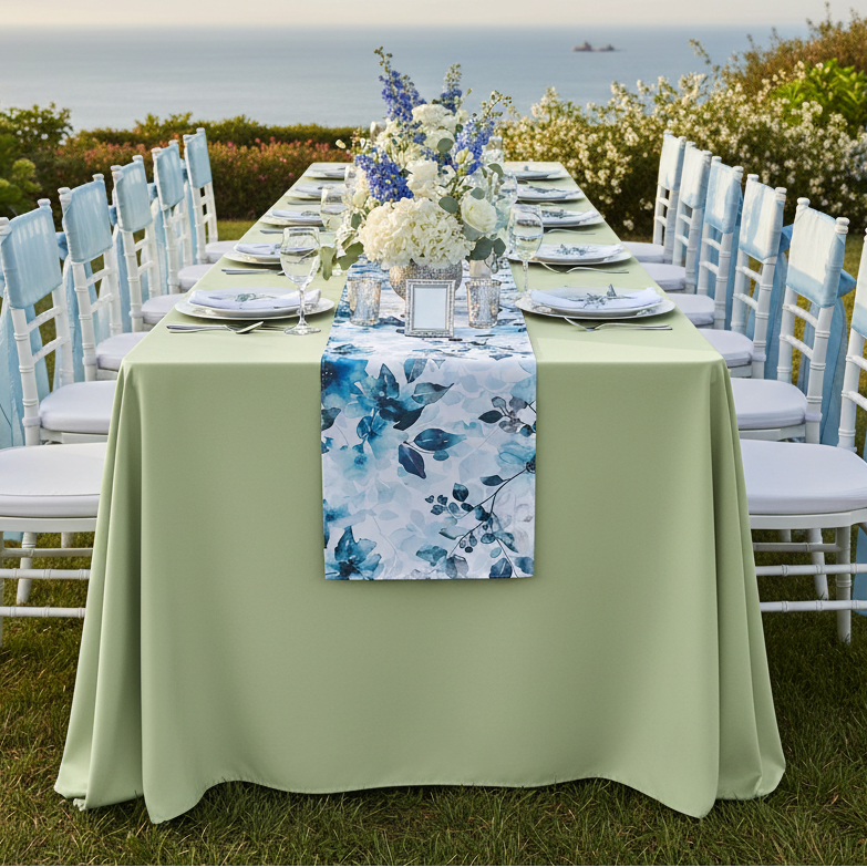 Outdoor wedding reception with blue watercolor runner and chairs with blue sashes