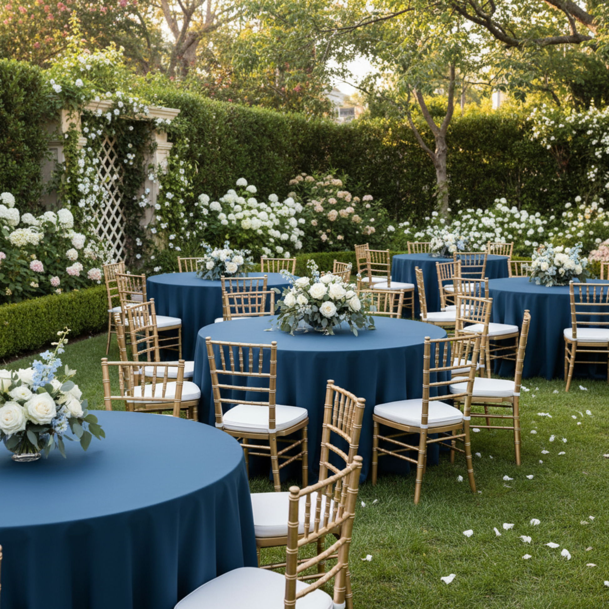 Outdoor Wedding Reception with 132 Round Navy Blue Tablecloth