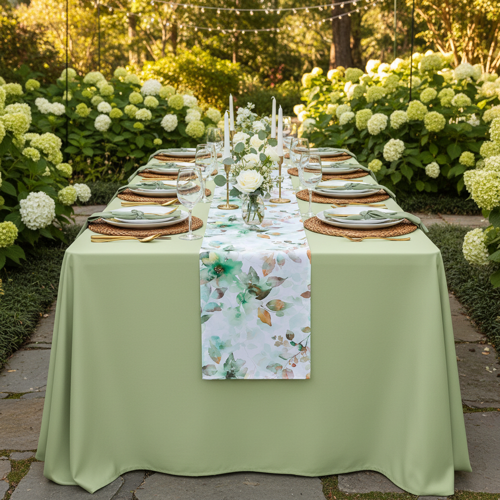 Outdoor wedding reception with sage green tablecloth and lengthwise watercolor floral runner