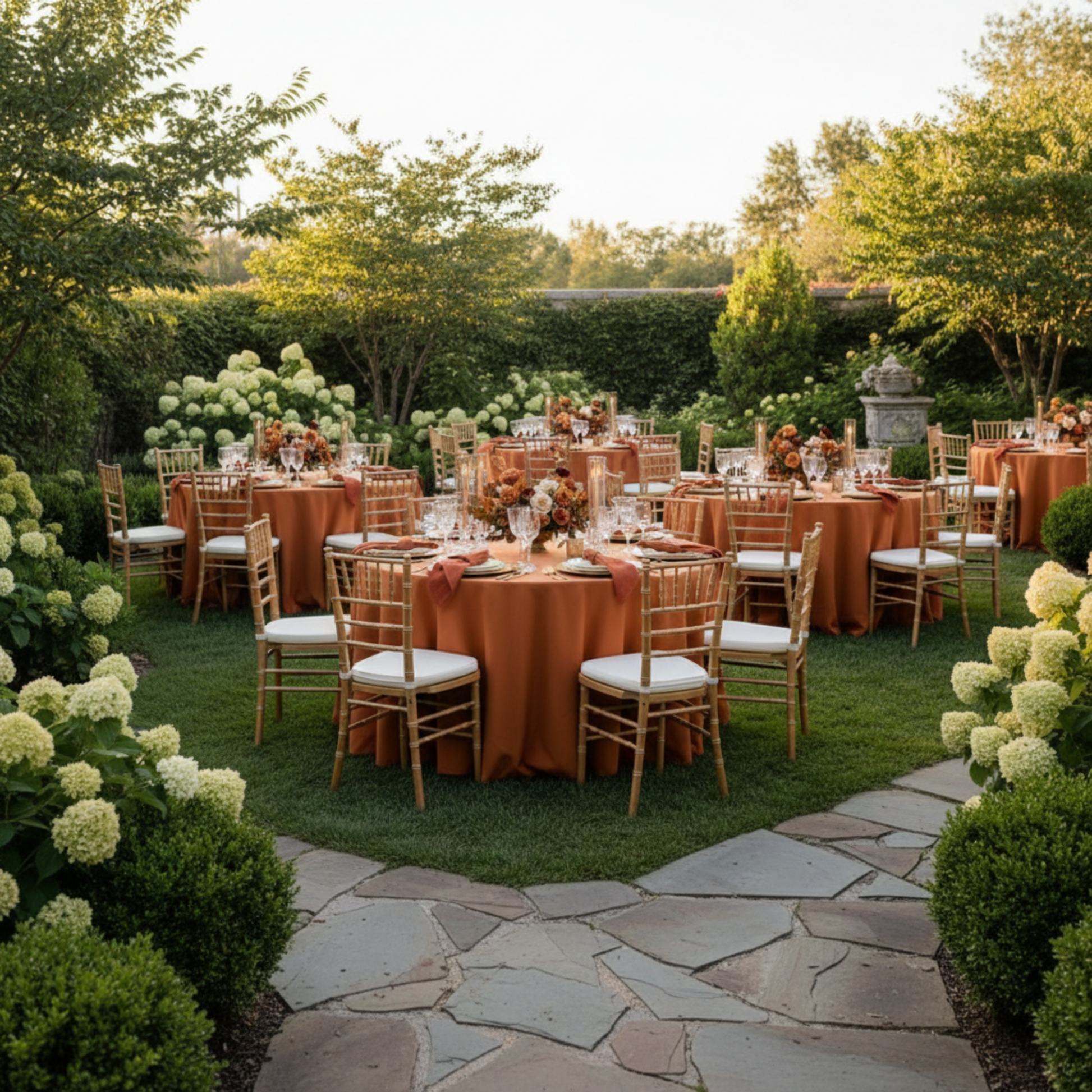 Outdoor Wedding Reception – Burnt Orange 120 Round Premium Polyester Tablecloth