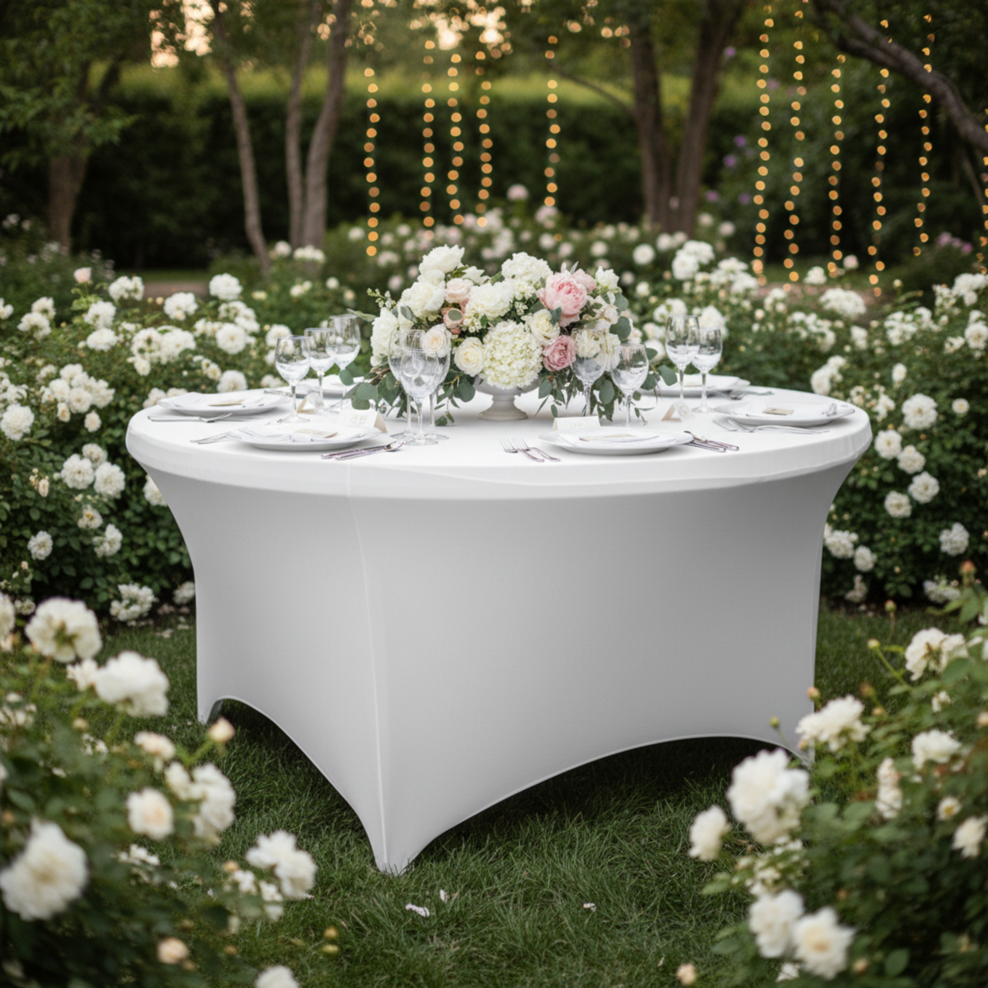 Outdoor Wedding Reception with 5FT  White Spandex Table Cover