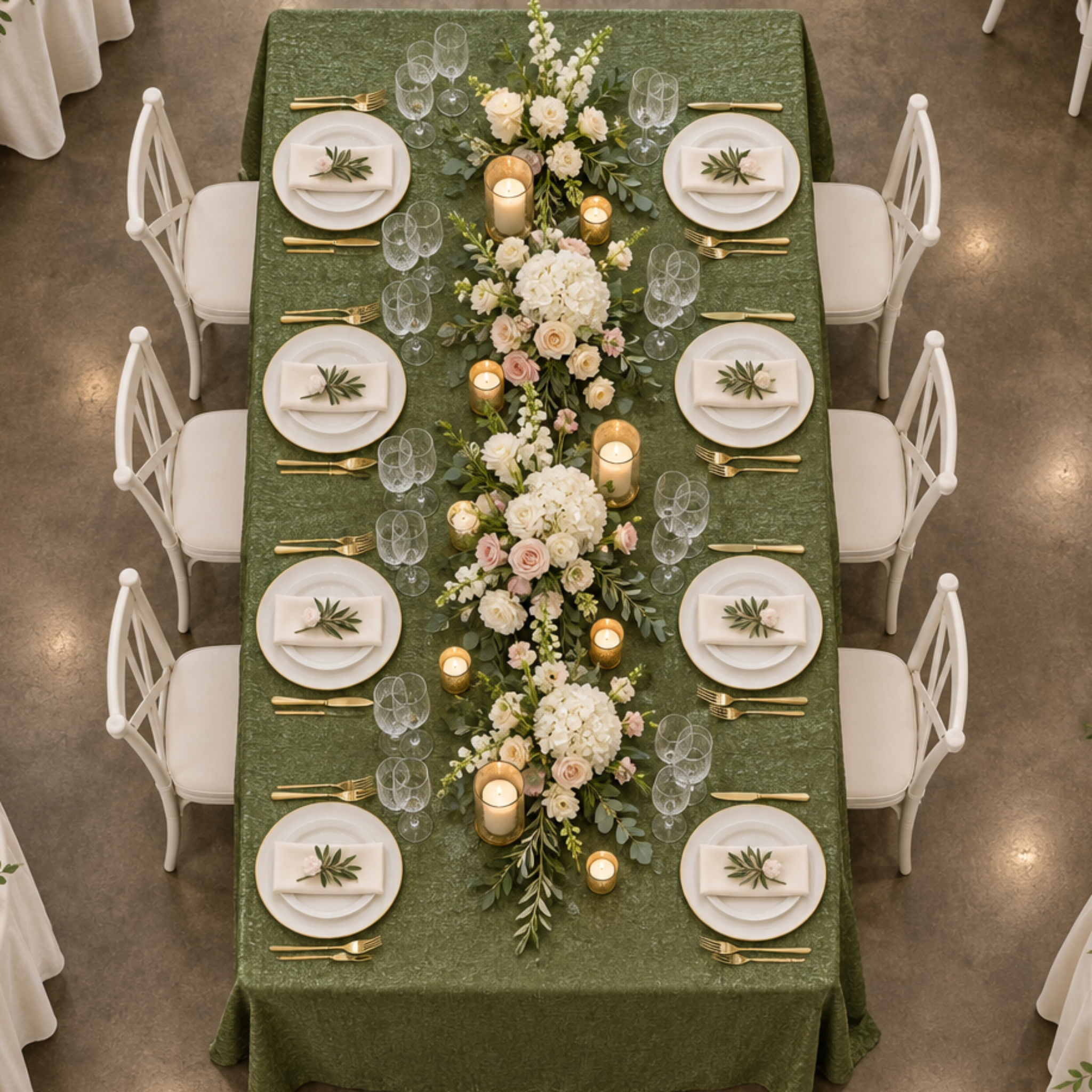 Overhead view of the willow green crinkle shimmer tablecloth