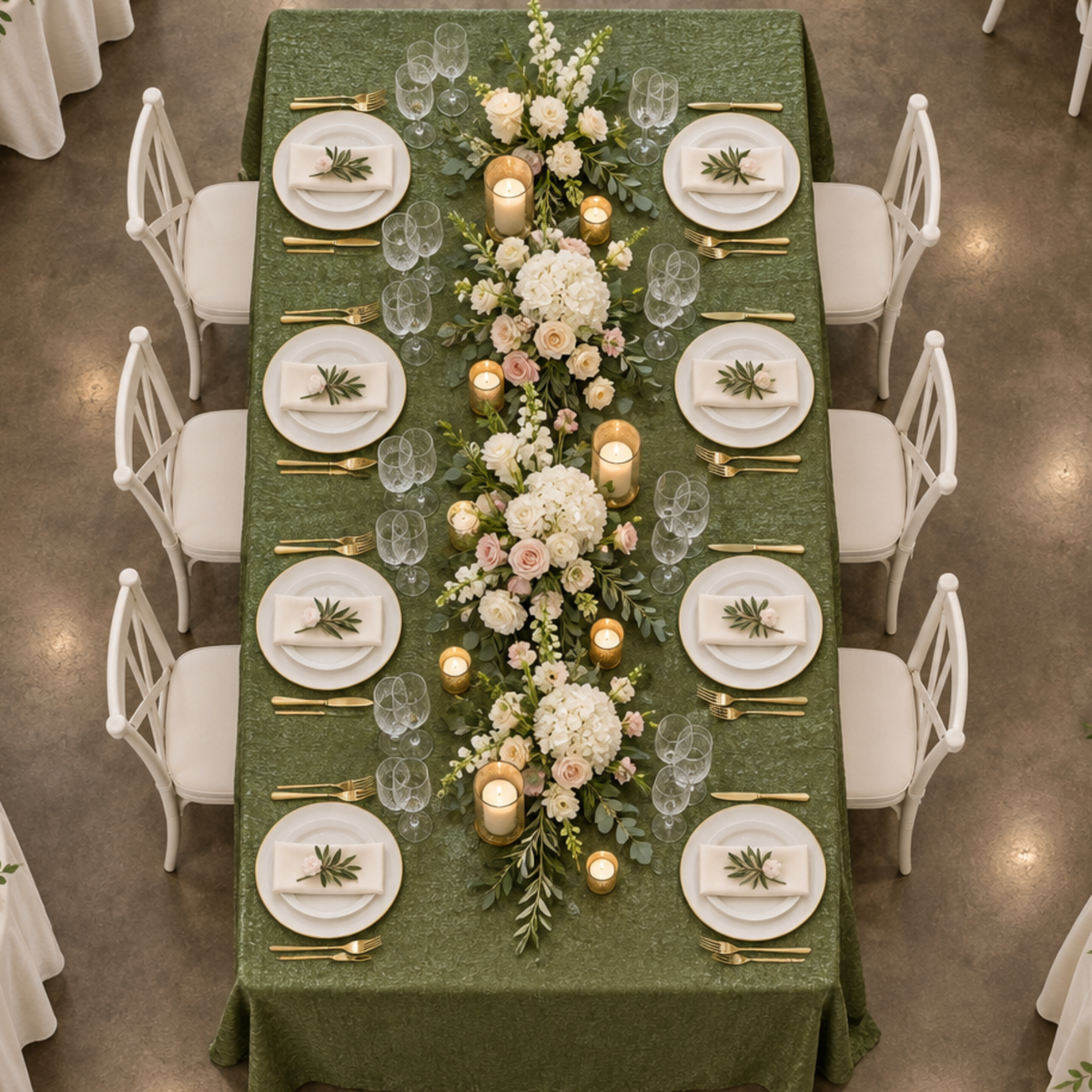 Overhead view of the willow green crinkle shimmer tablecloth