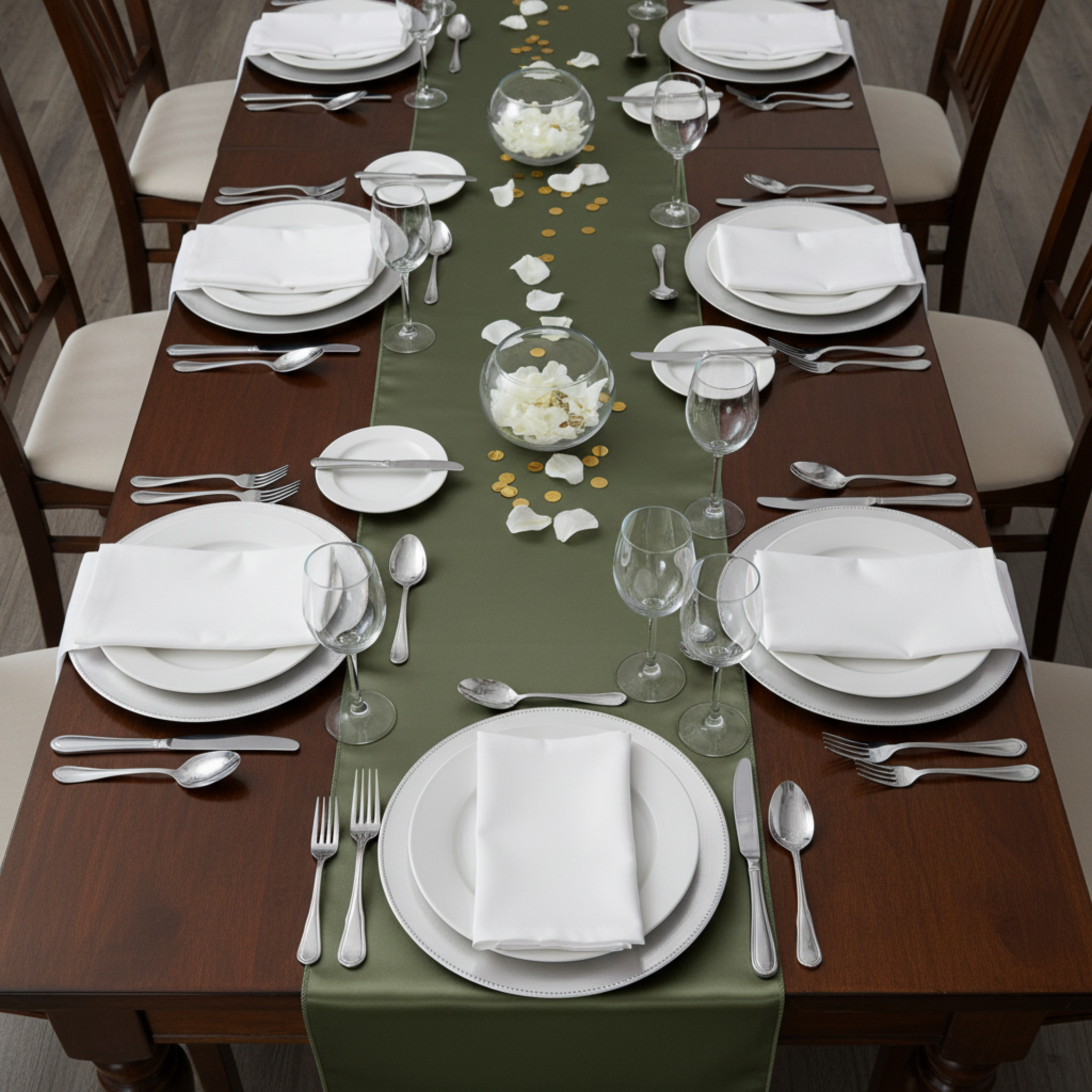 Overhead view with willow green satin table runner