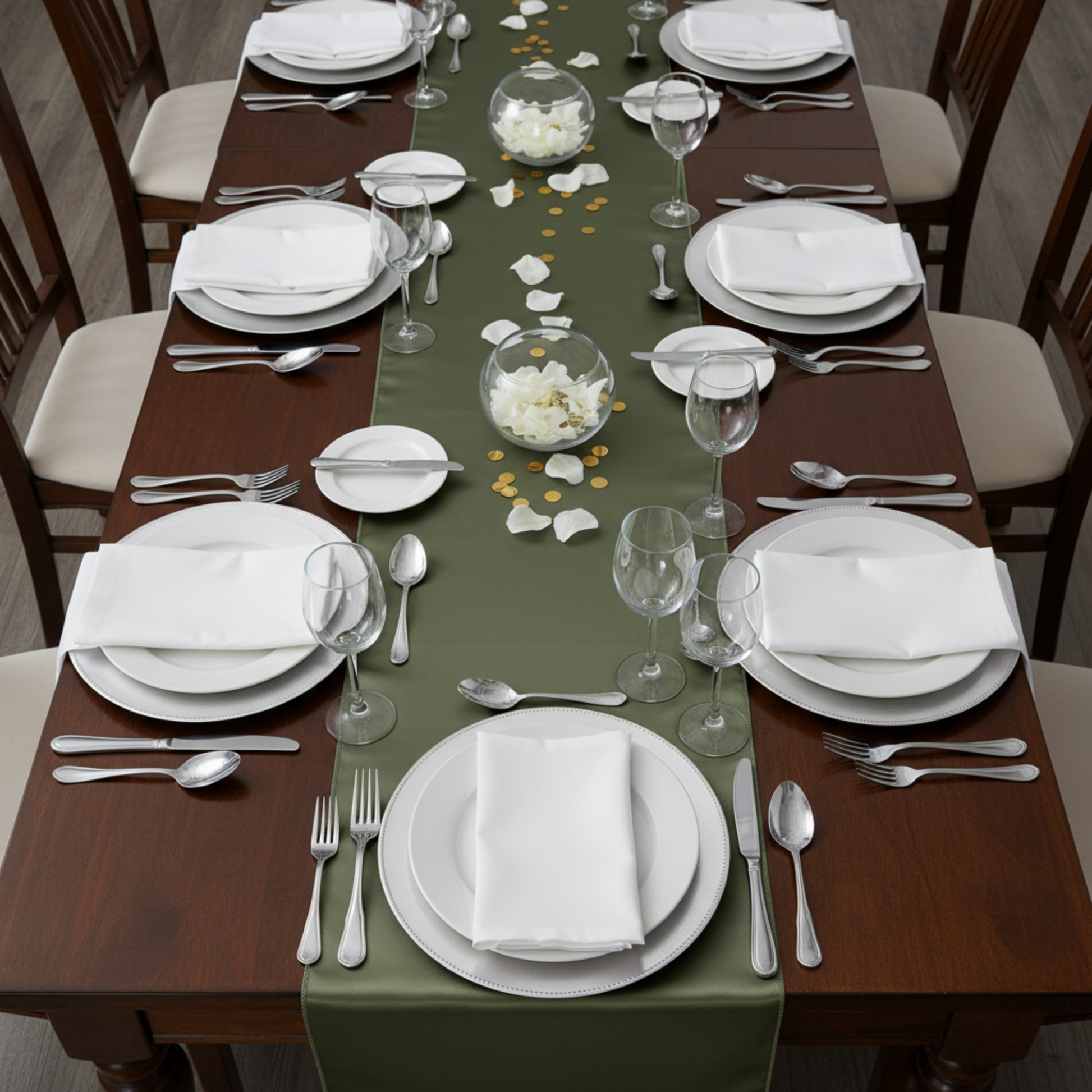 Overhead view with willow green satin table runner