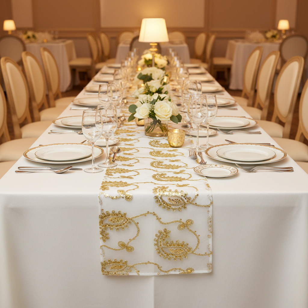 Paisley Sequin Table Runner Gold Mockup