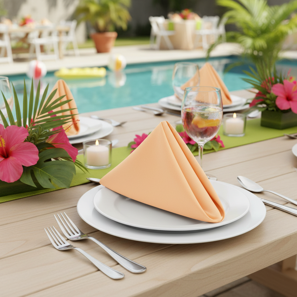 Premium Polyester Napkin 20"x20" - Peach in Pool Side Party Reception.