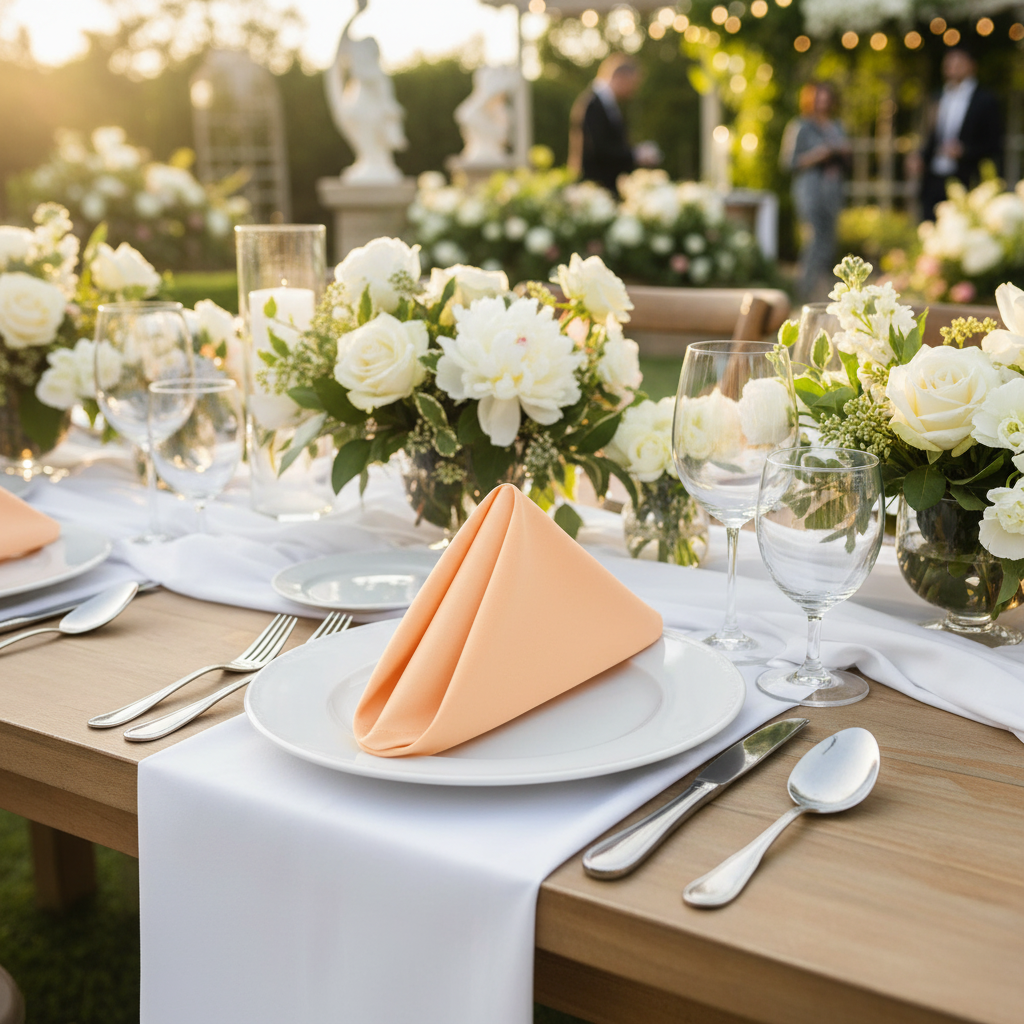 Premium Polyester Napkin 20"x20" - Peach in Outdoor Wedding Reception.