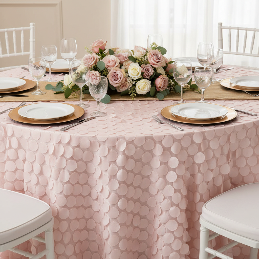 Petal Circle Taffeta Round 120" Tablecloth - Blush/Rose Gold.