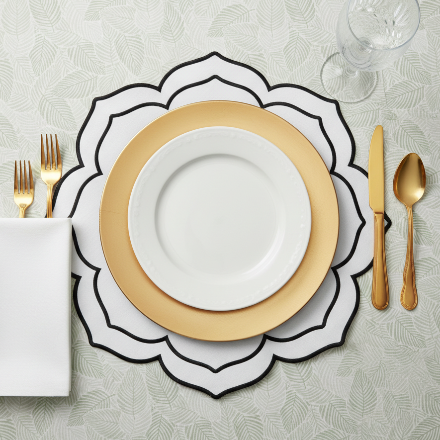 Petal Elegance Placemat white black trim on Modern Palm Leaves tablecloth with charger on top