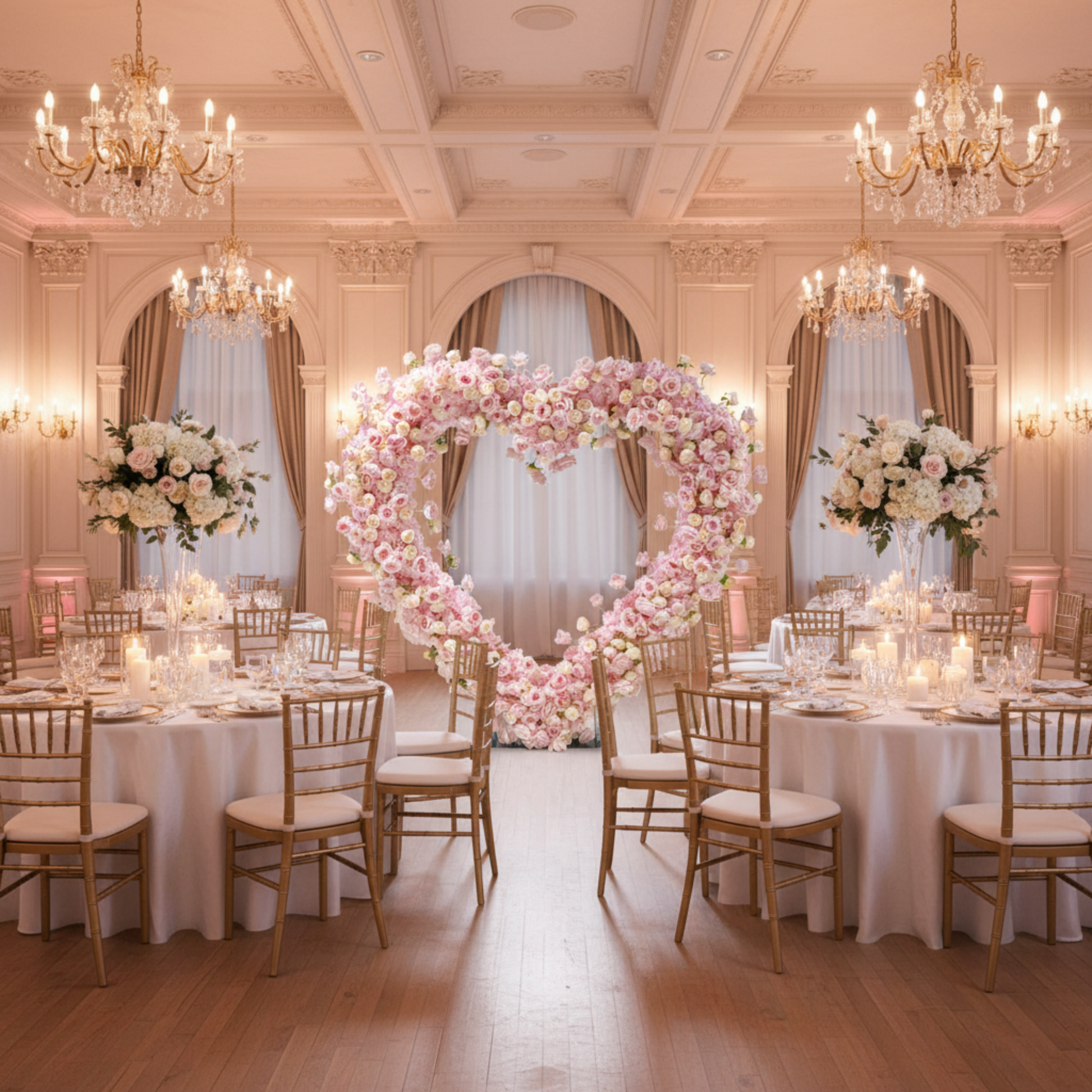 Pink Floral Heart Backdrop – Indoor Reception