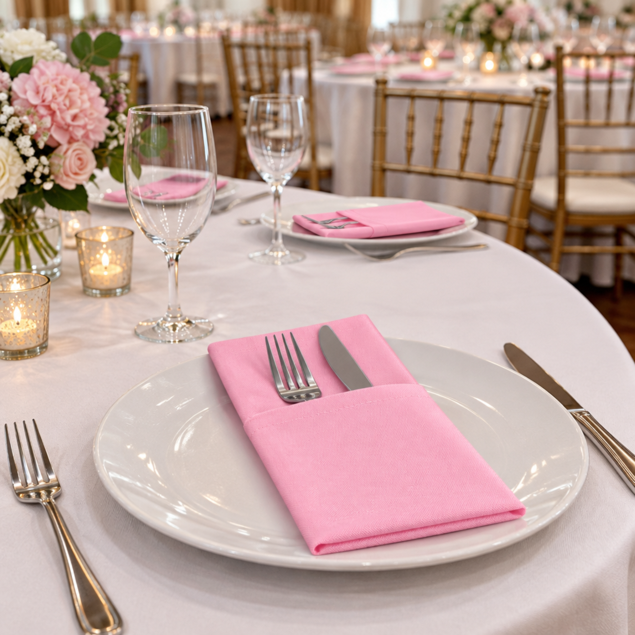 Pink napkin folded into a cutlery pocket at an indoor dinner