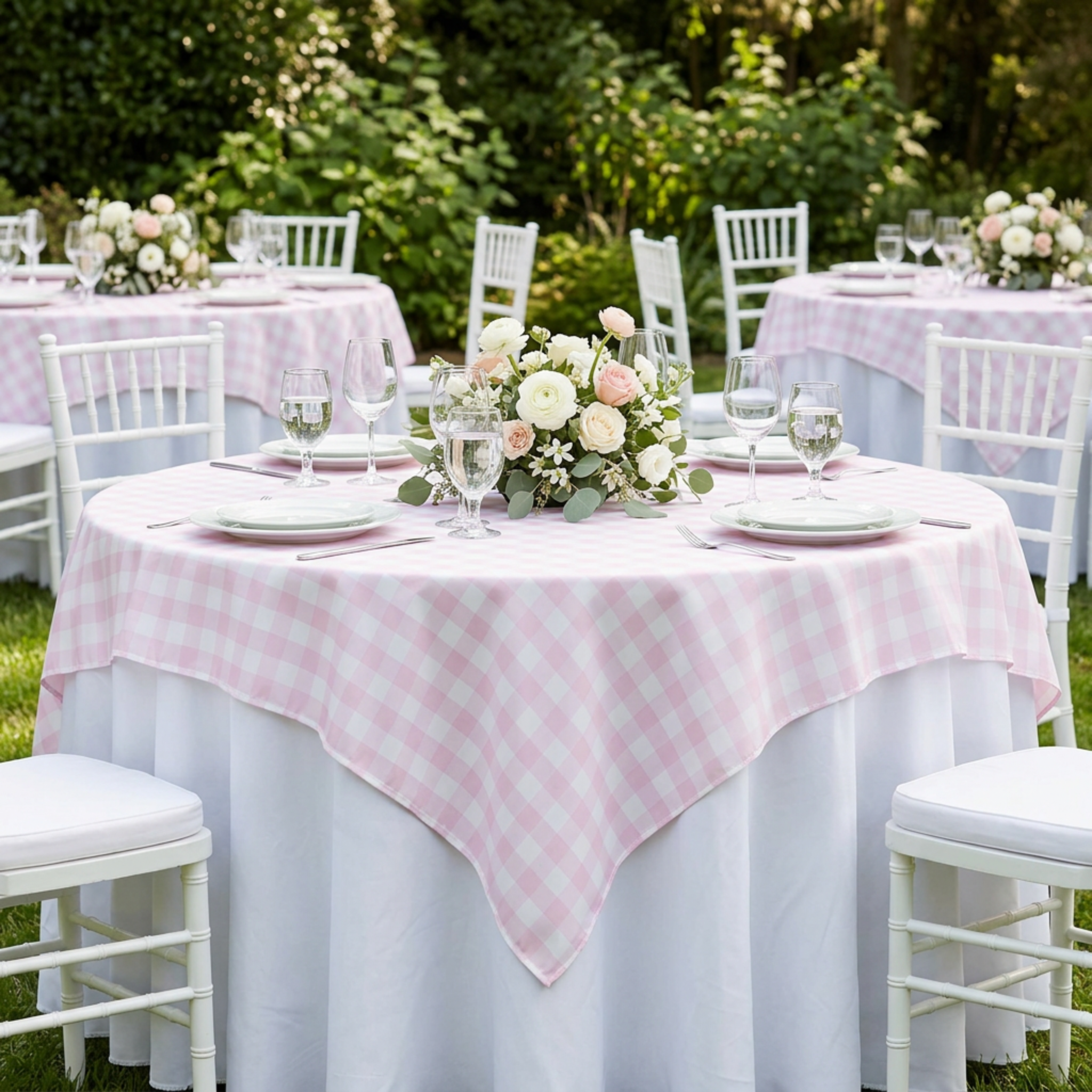 Pink gingham overlay at a garden brunch