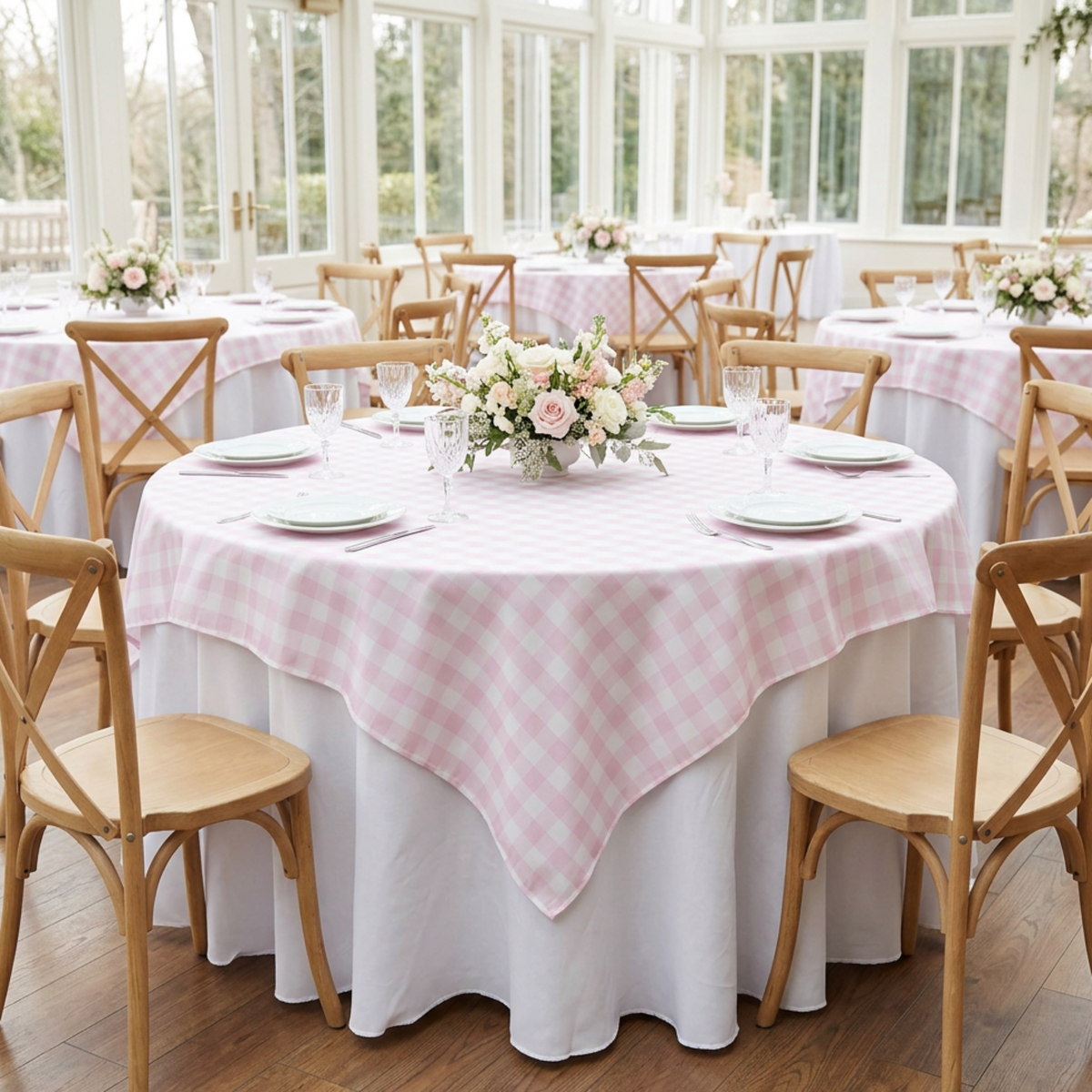 Pink gingham overlay at an indoor shower