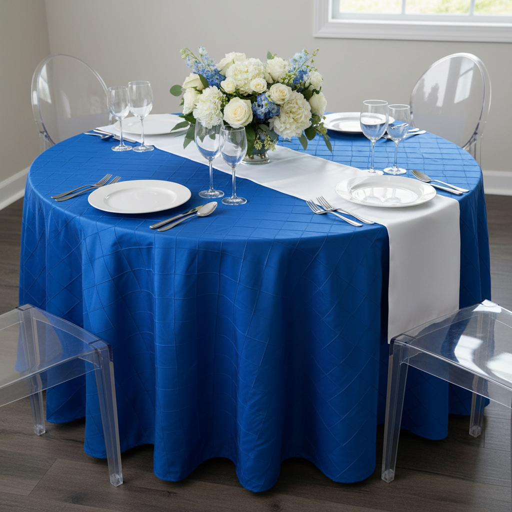 Pintuck 120" Round Tablecloth - Royal Blue.