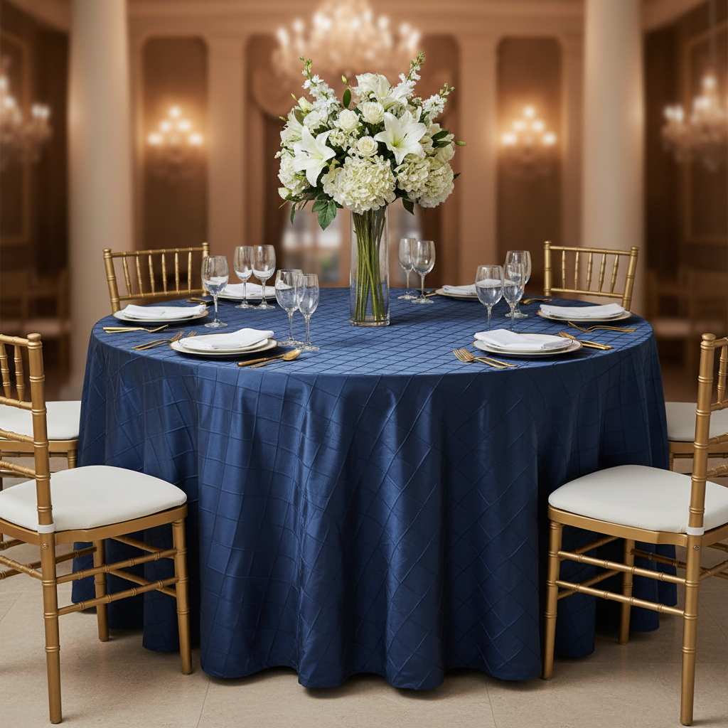 Pintuck 132" Round Tablecloth - Navy Blue with Chiavari Gold Chairs.
