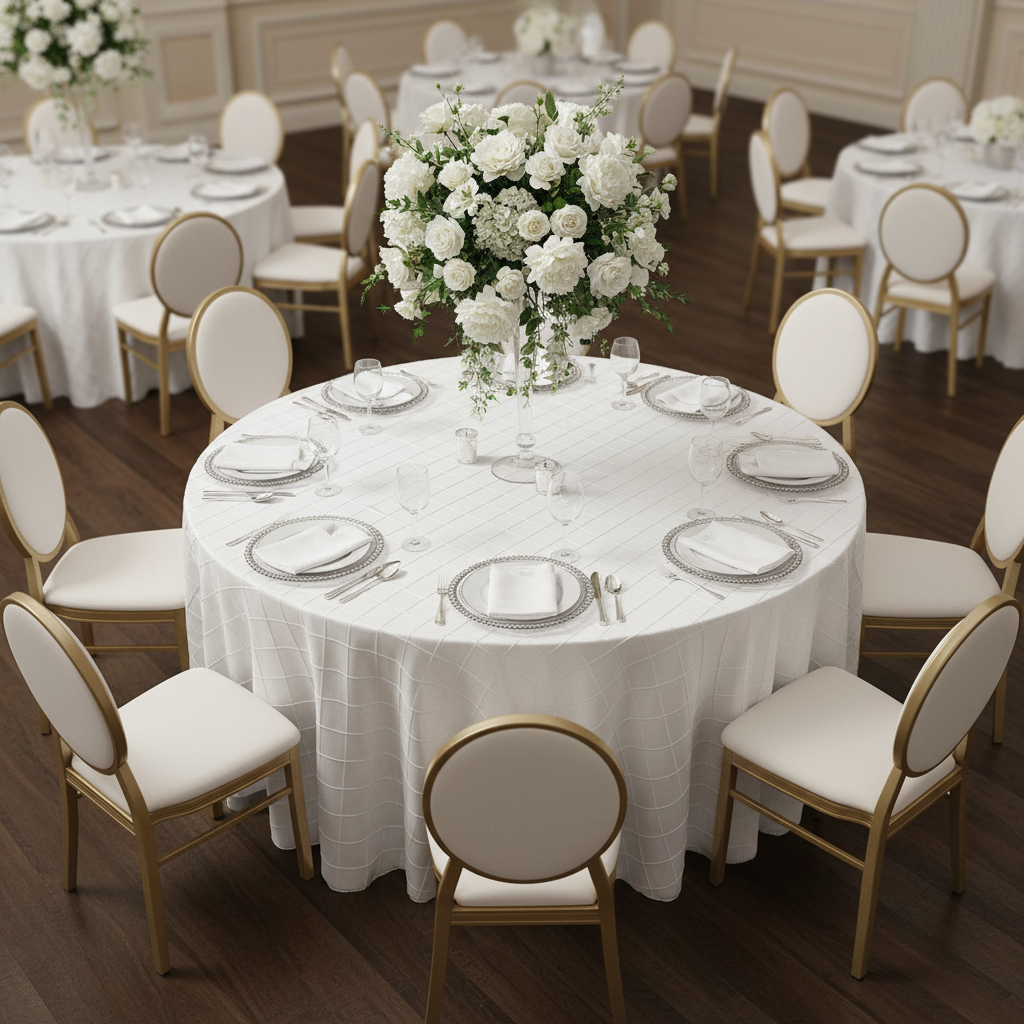 Pintuck 132" Round Tablecloth - White with White Oval Chairs.