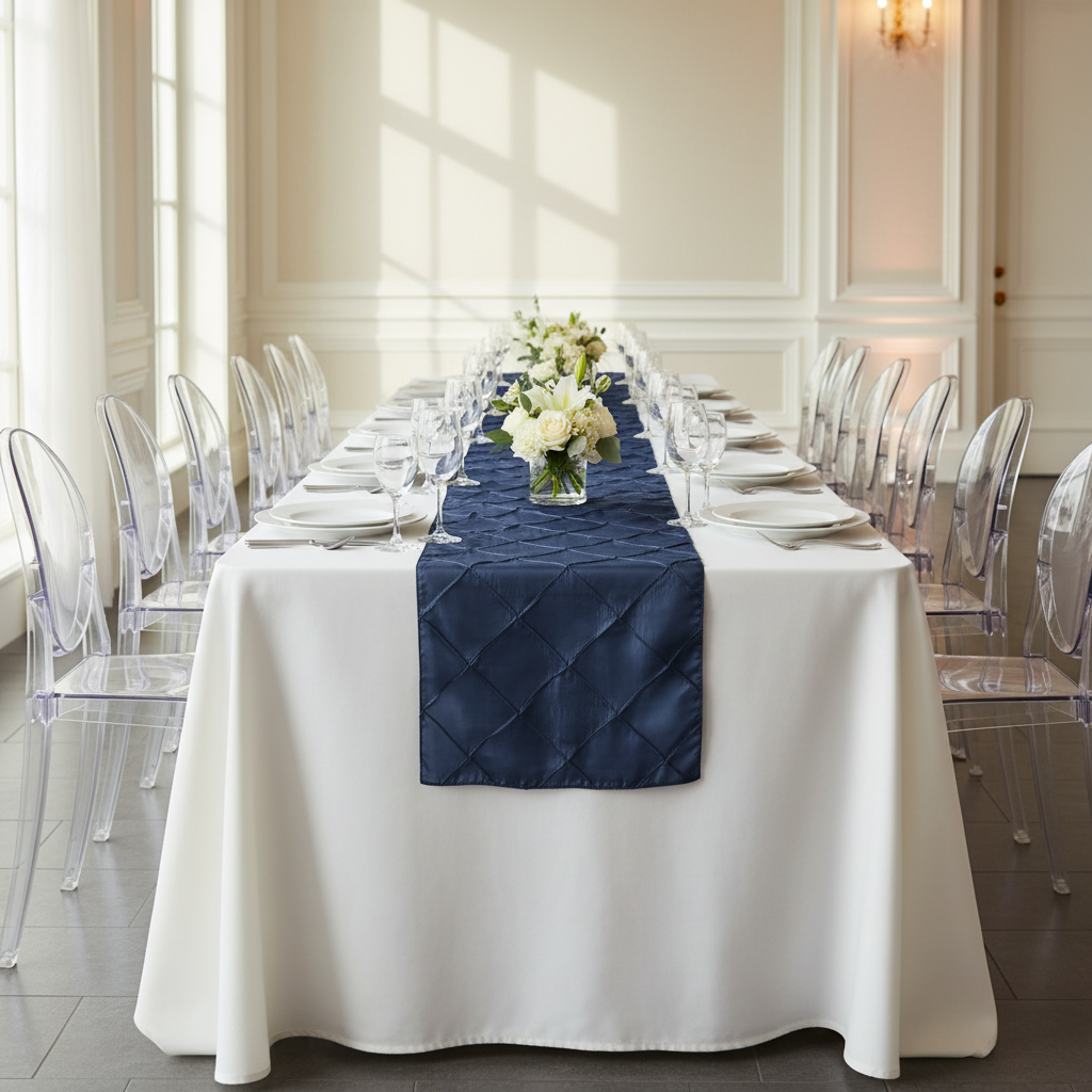 Pintuck Table Runner - Navy Blue.