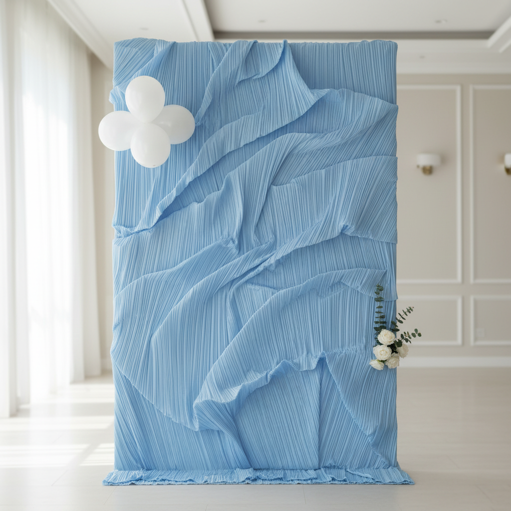 Pleated Crinkle Baby Blue Fabric narrower backdrop with minimal decor