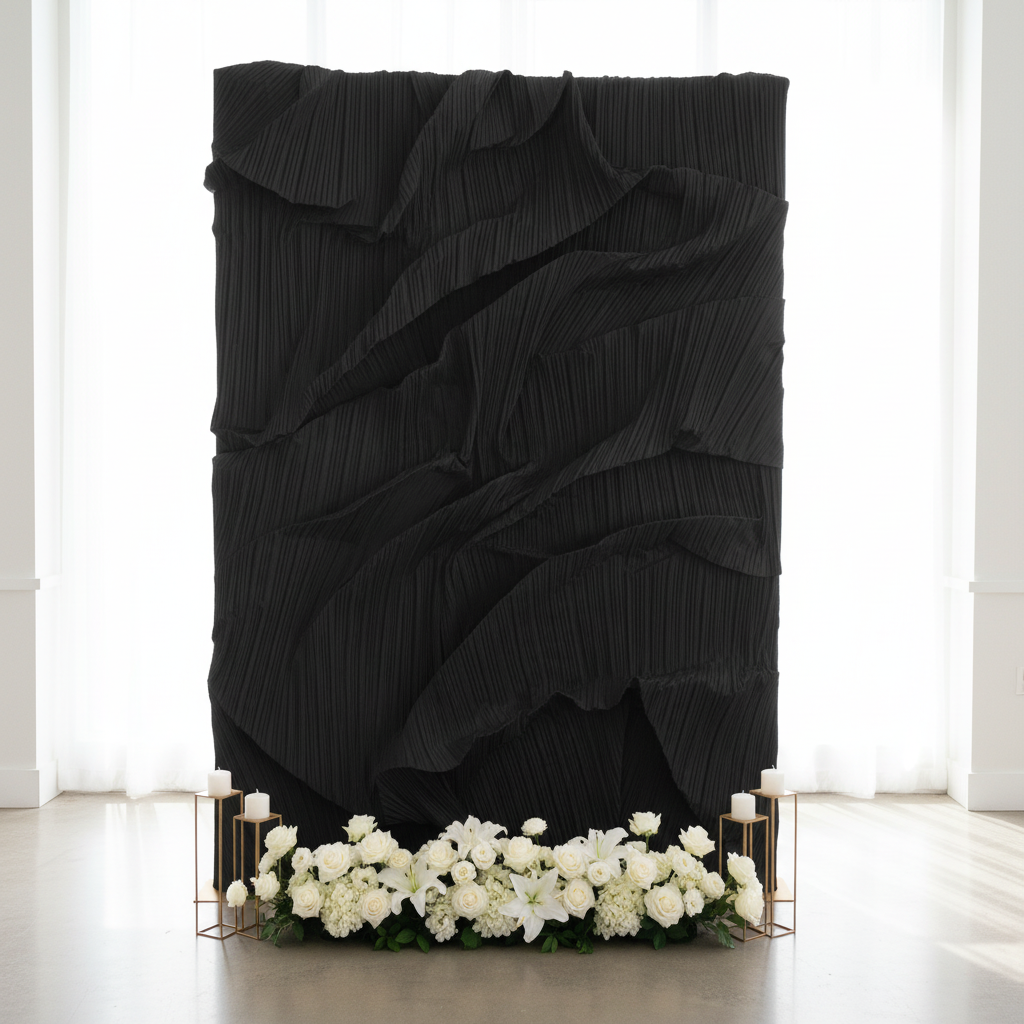 Pleated Crinkle Black Fabric narrow backdrop with minimal decor