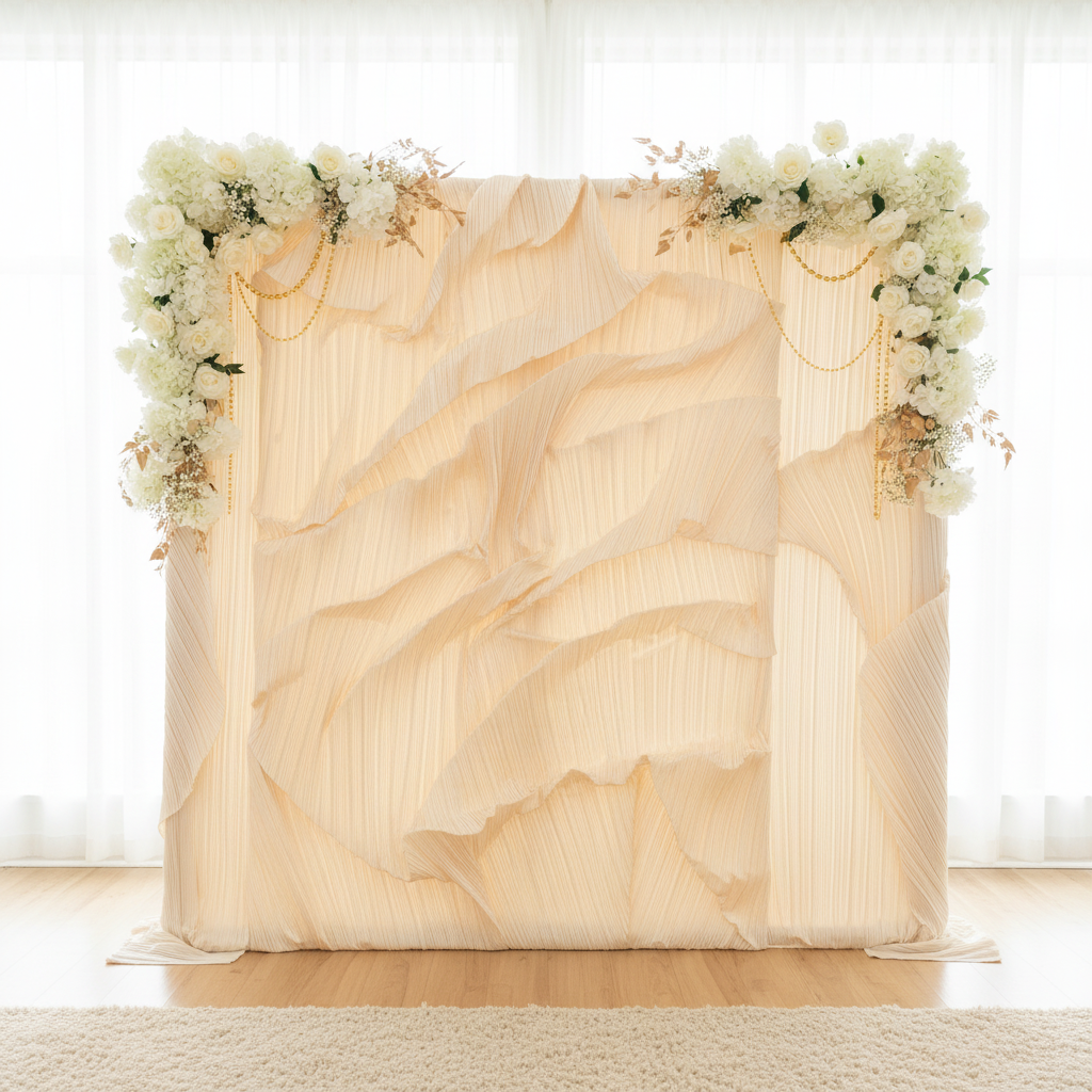 Pleated Crinkle Champagne Fabric backdrop with decor
