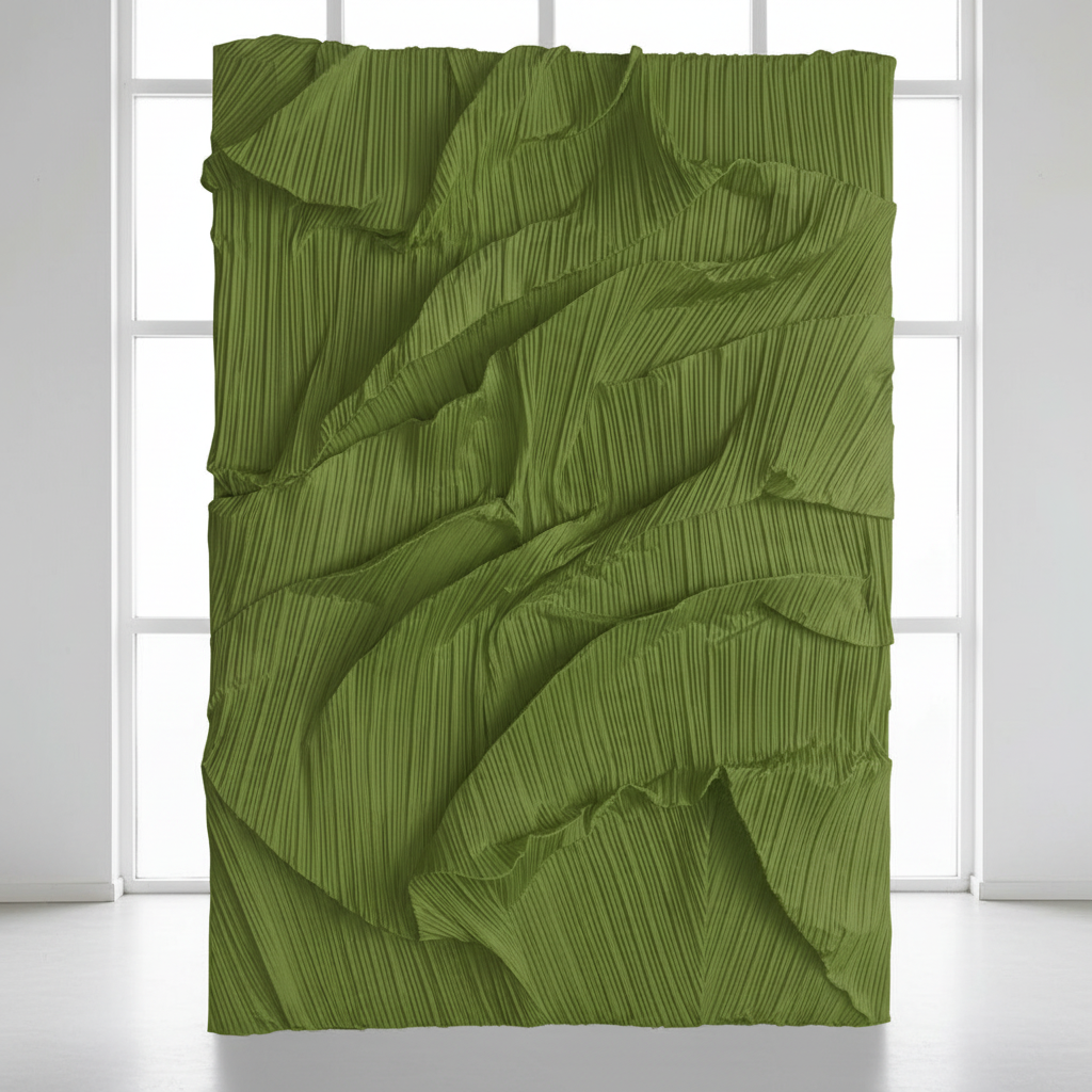 Pleated Crinkle Olive Green Fabric backdrop in bright lighting