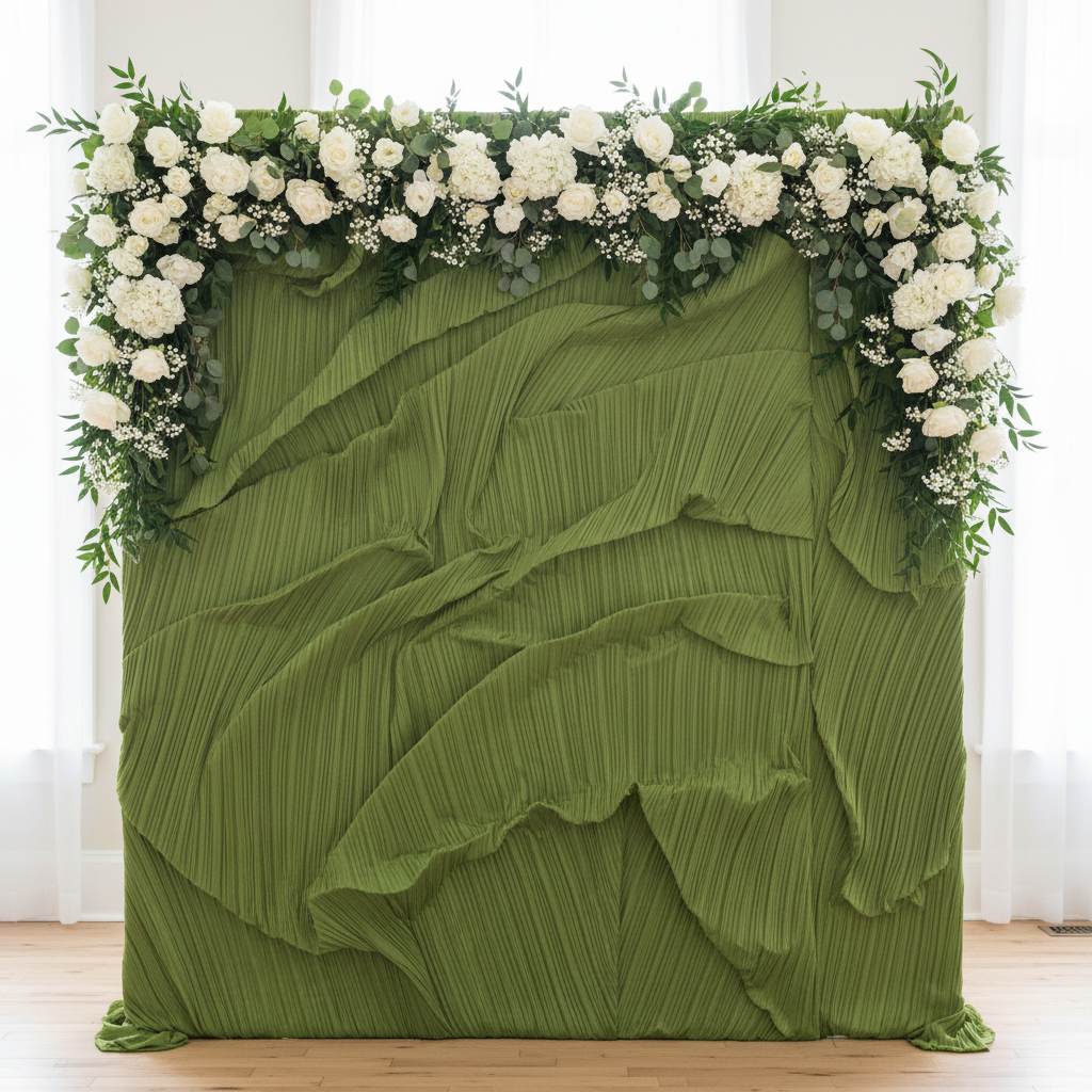 Pleated Crinkle Olive Green Fabric backdrop with florals on top