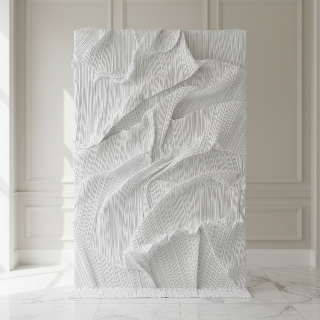 Pleated Crinkle White Fabric displayed in bright elegant room